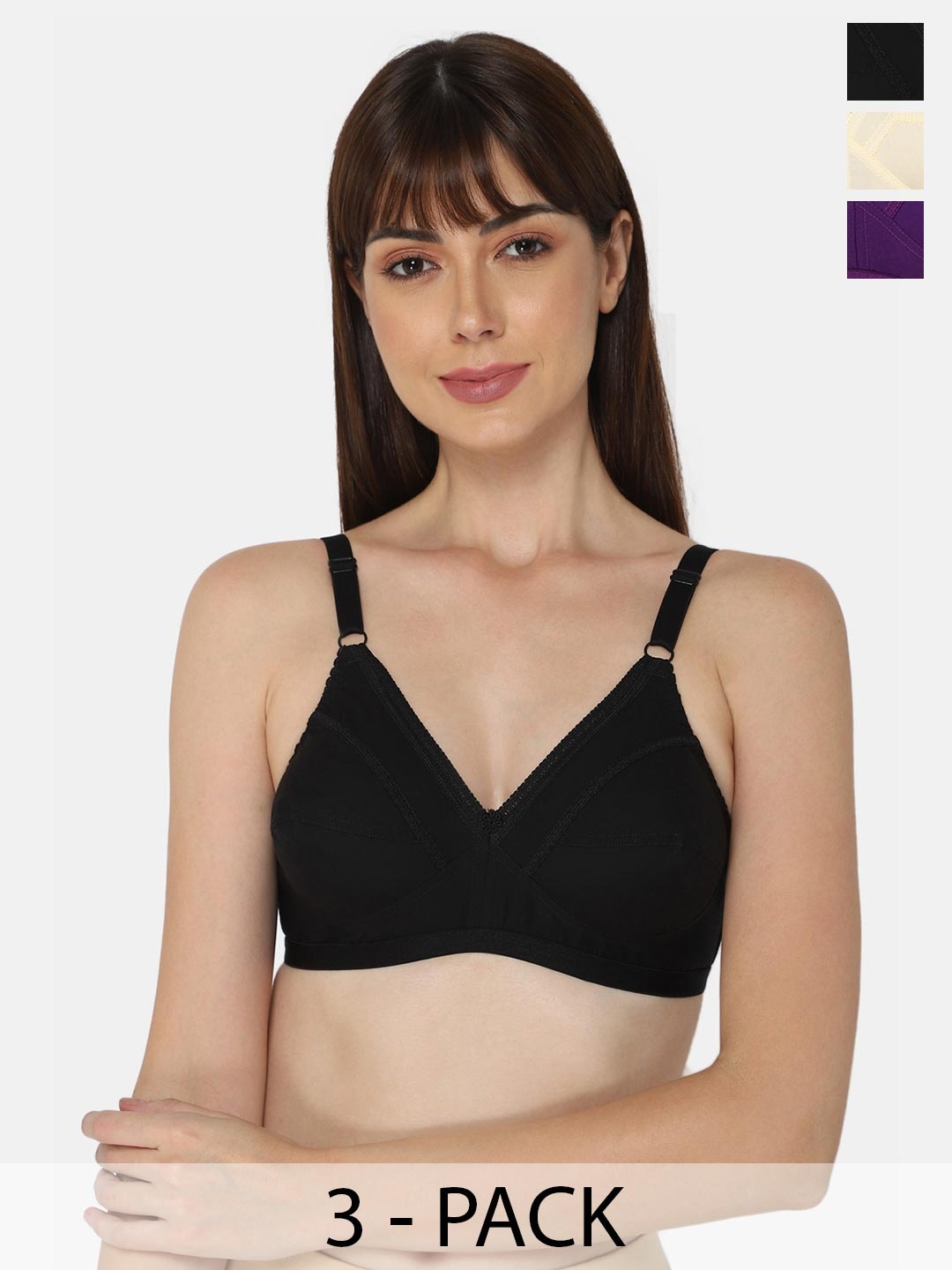 

NAIDU HALL Pack of 3 Full Coverage Non Padded Everyday Cotton Bra With All Day Comfort, Black