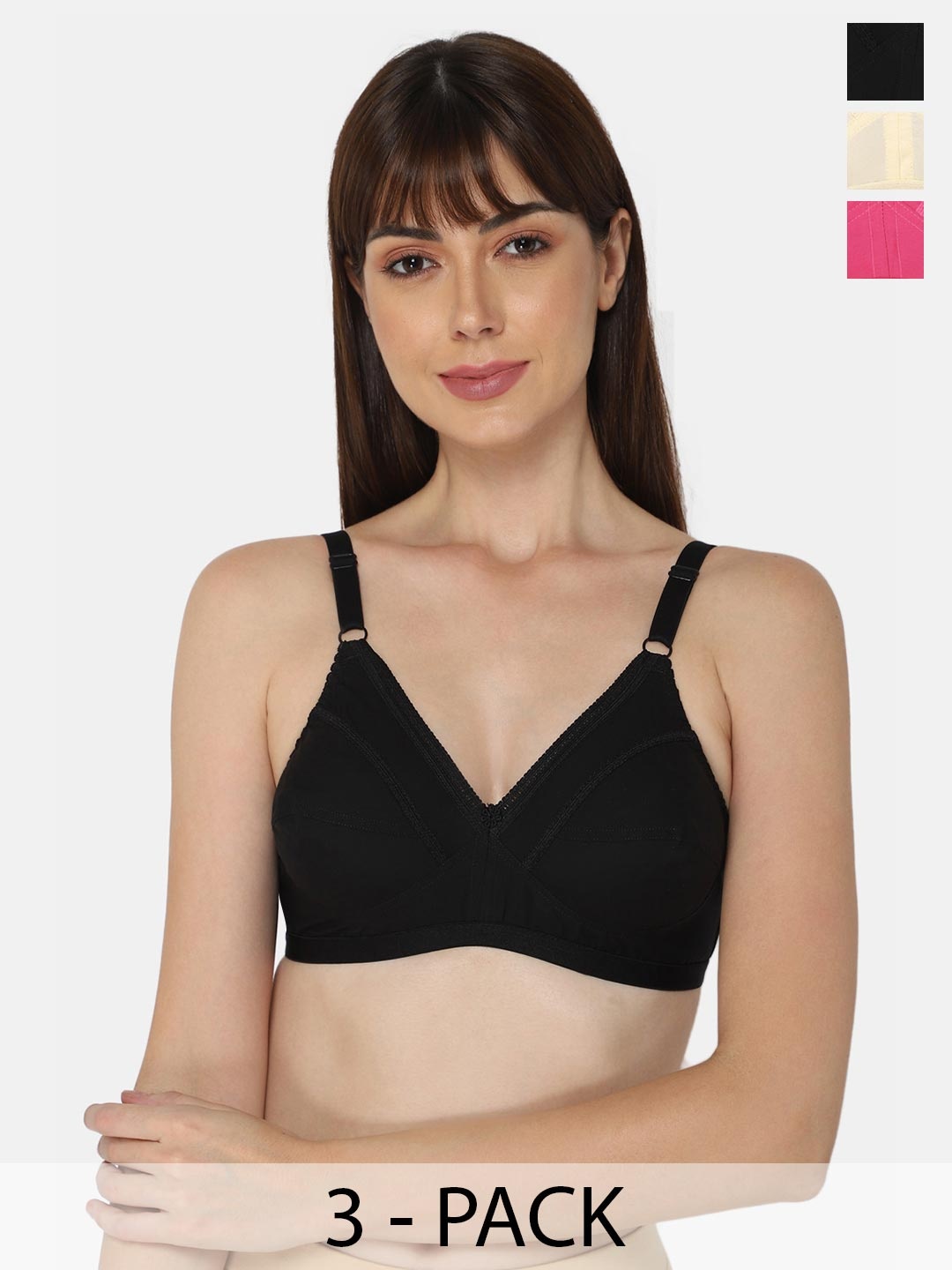 

NAIDU HALL Pack Of 3 Medium Coverage Everyday Cotton Bra With All Day Comfort, Black