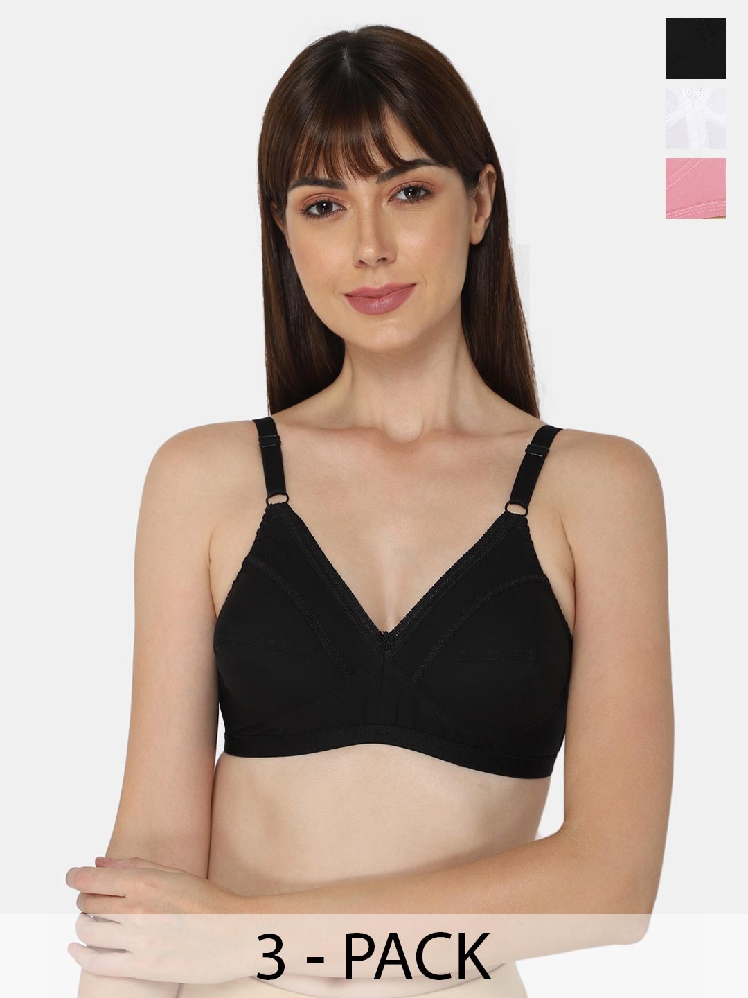 

NAIDU HALL Pack of 3 Cotton Everyday Bra Non Padded Medium Coverage All Day Comfort, Black
