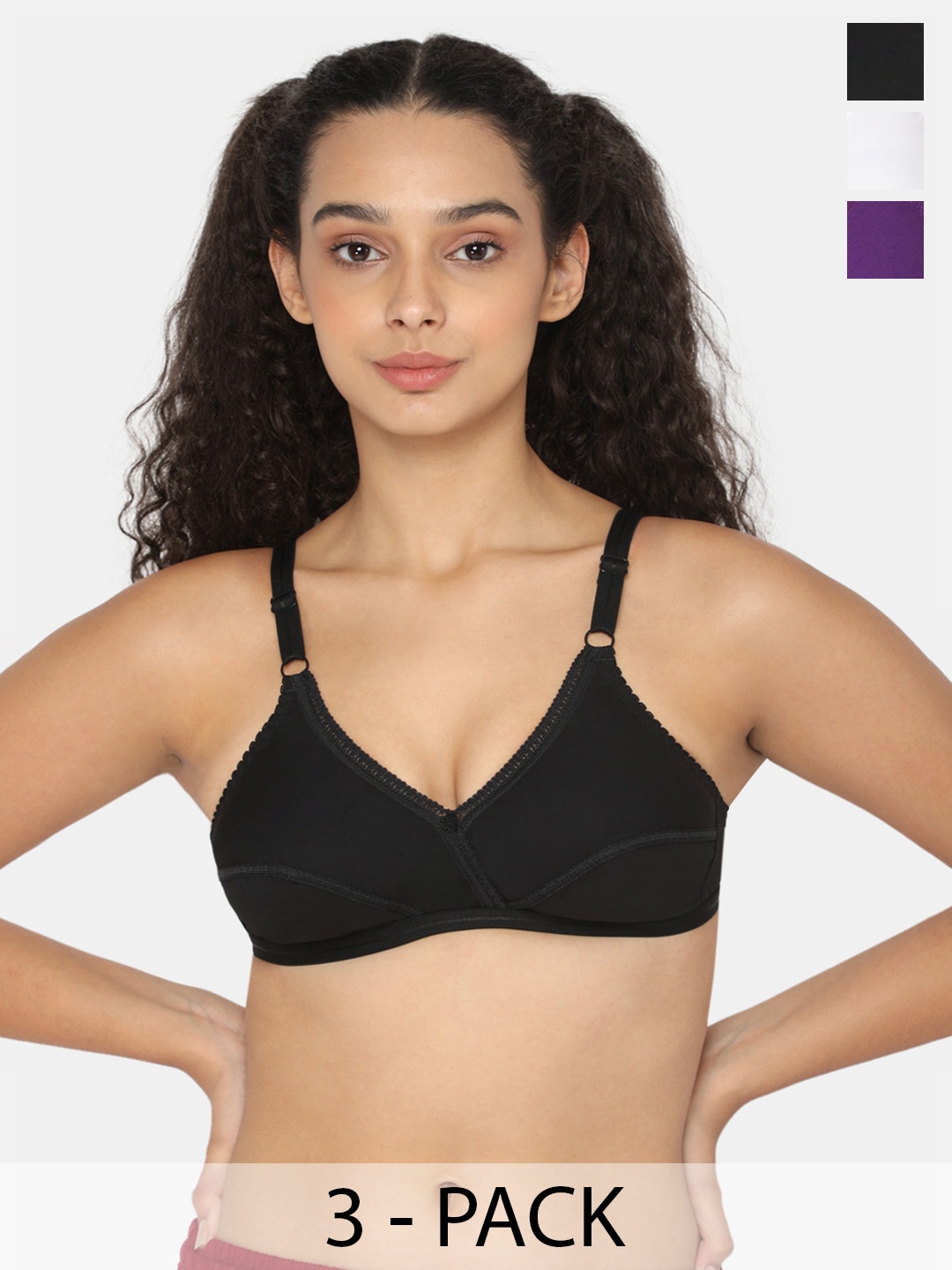 

NAIDU HALL Pack Of 3 Medium Coverage All Day Comfort Cotton Everyday Bras, Black