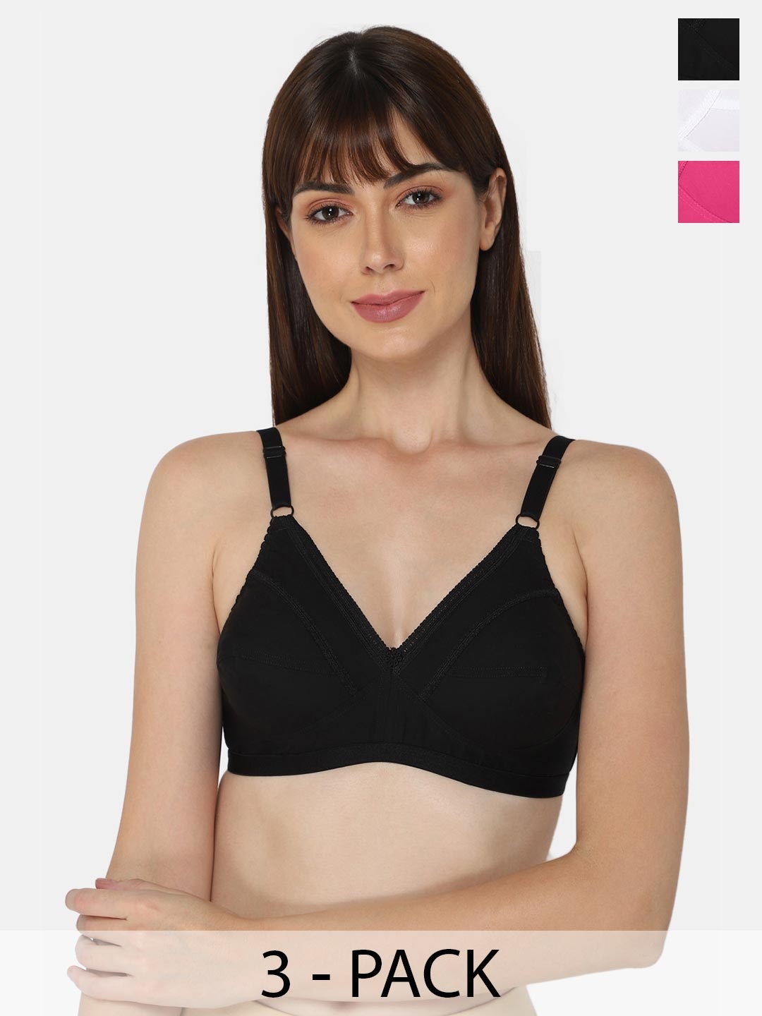 

NAIDU HALL Pack of 3 Full Coverage Non Padded Everyday Cotton Bra With All Day Comfort, Black