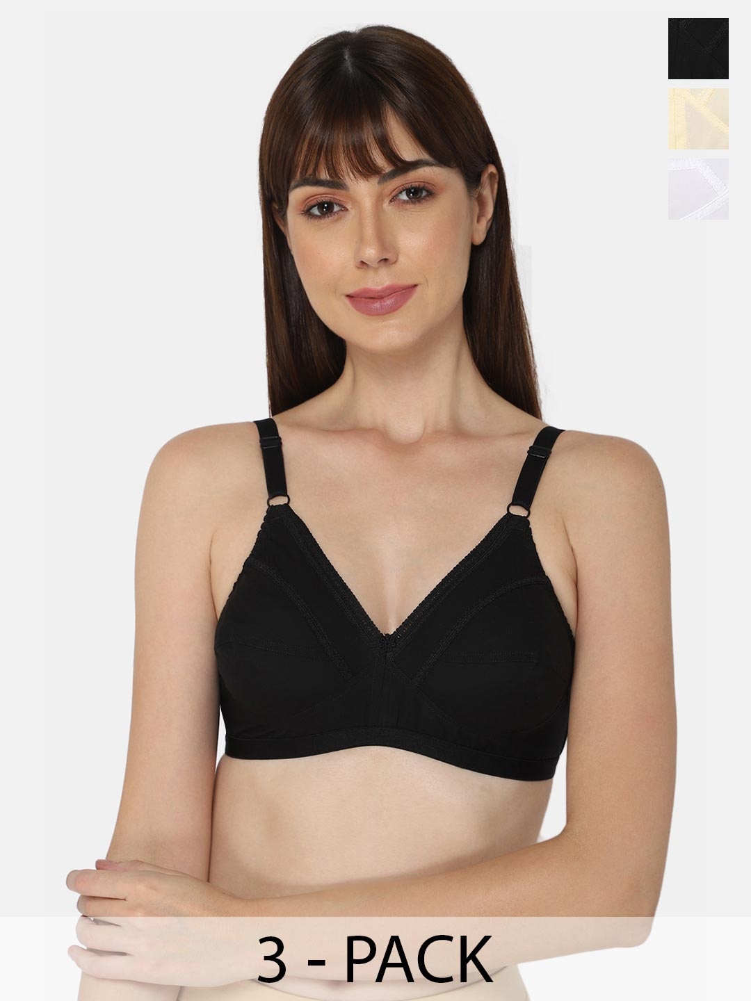 

NAIDU HALL Pack Of 3 Medium Coverage Non Padded Cotton Everyday Bra with All Day Comfort, Black