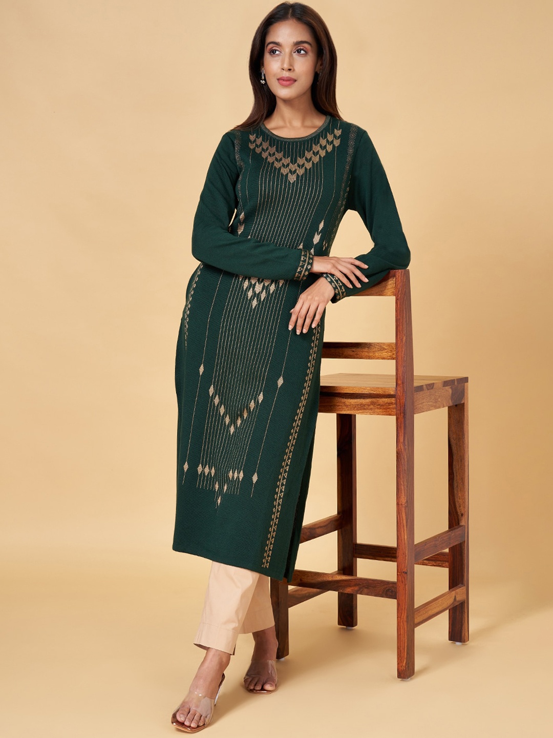YU by Pantaloons Geometric Woven Design Straight Kurta, Green