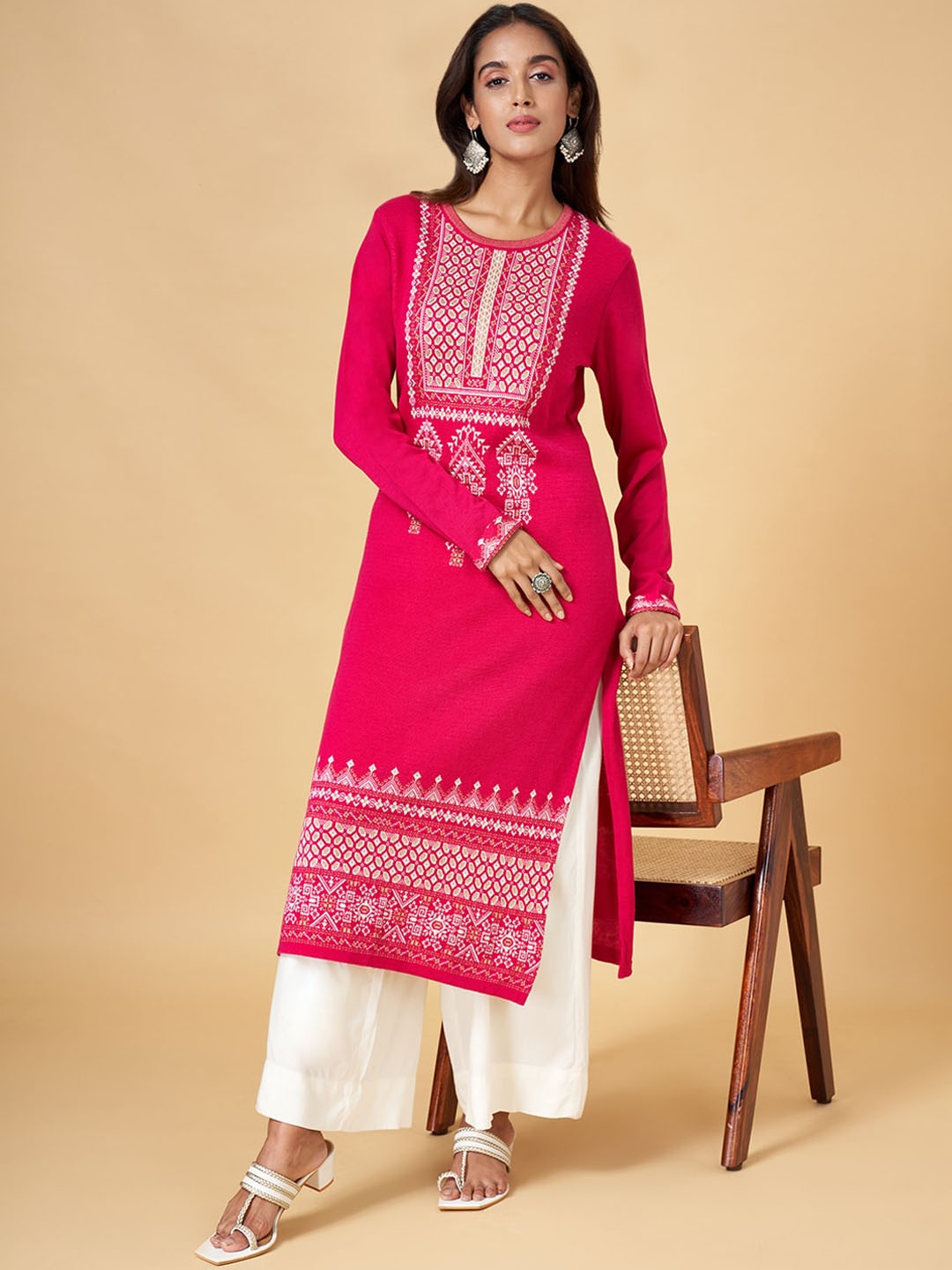 

YU by Pantaloons Ethnic Motifs Woven Design Straight Kurta, Pink