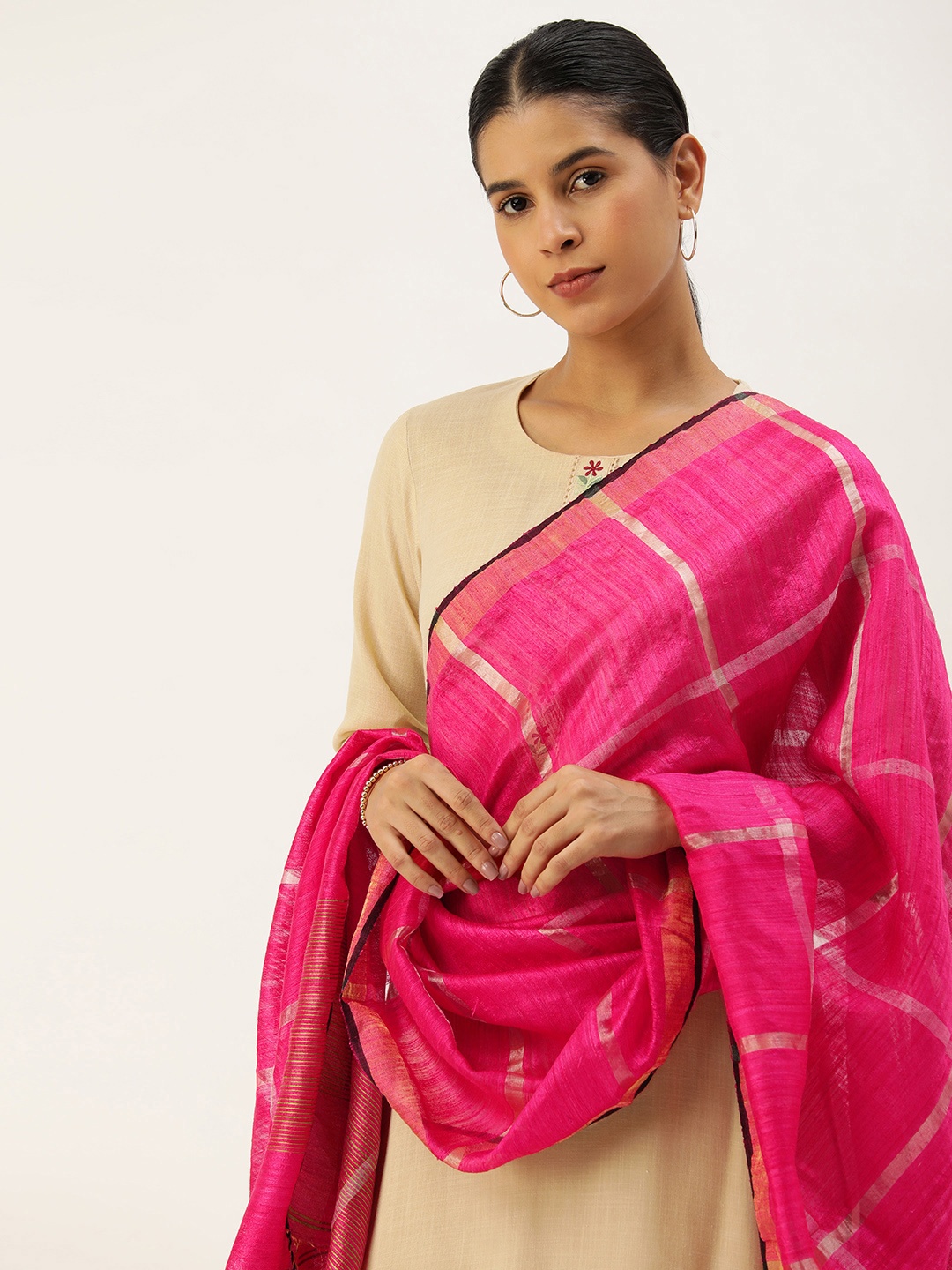 

ArtEastri Checked Pure Silk Dupatta, Magenta