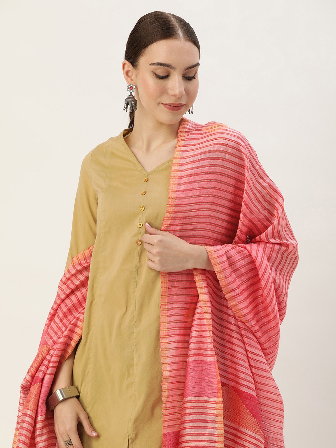 

ArtEastri Striped Woven Design Pure Silk Jamdani Dupatta, Pink