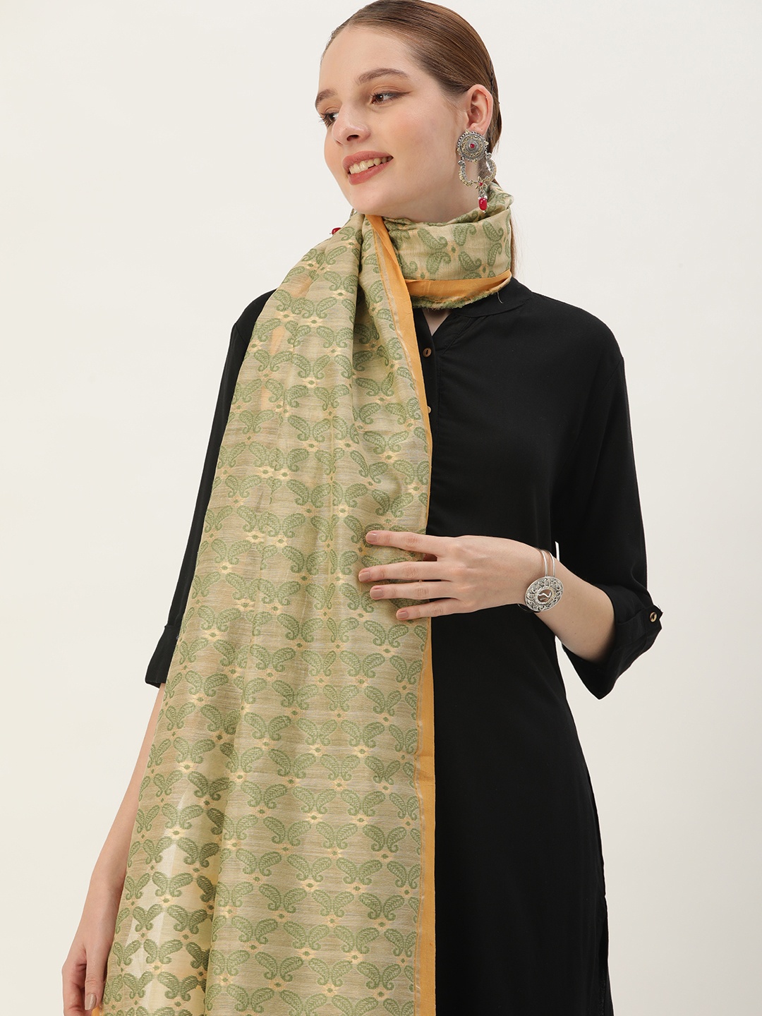 

ArtEastri Paisley Printed Cotton Silk Dupatta, Beige