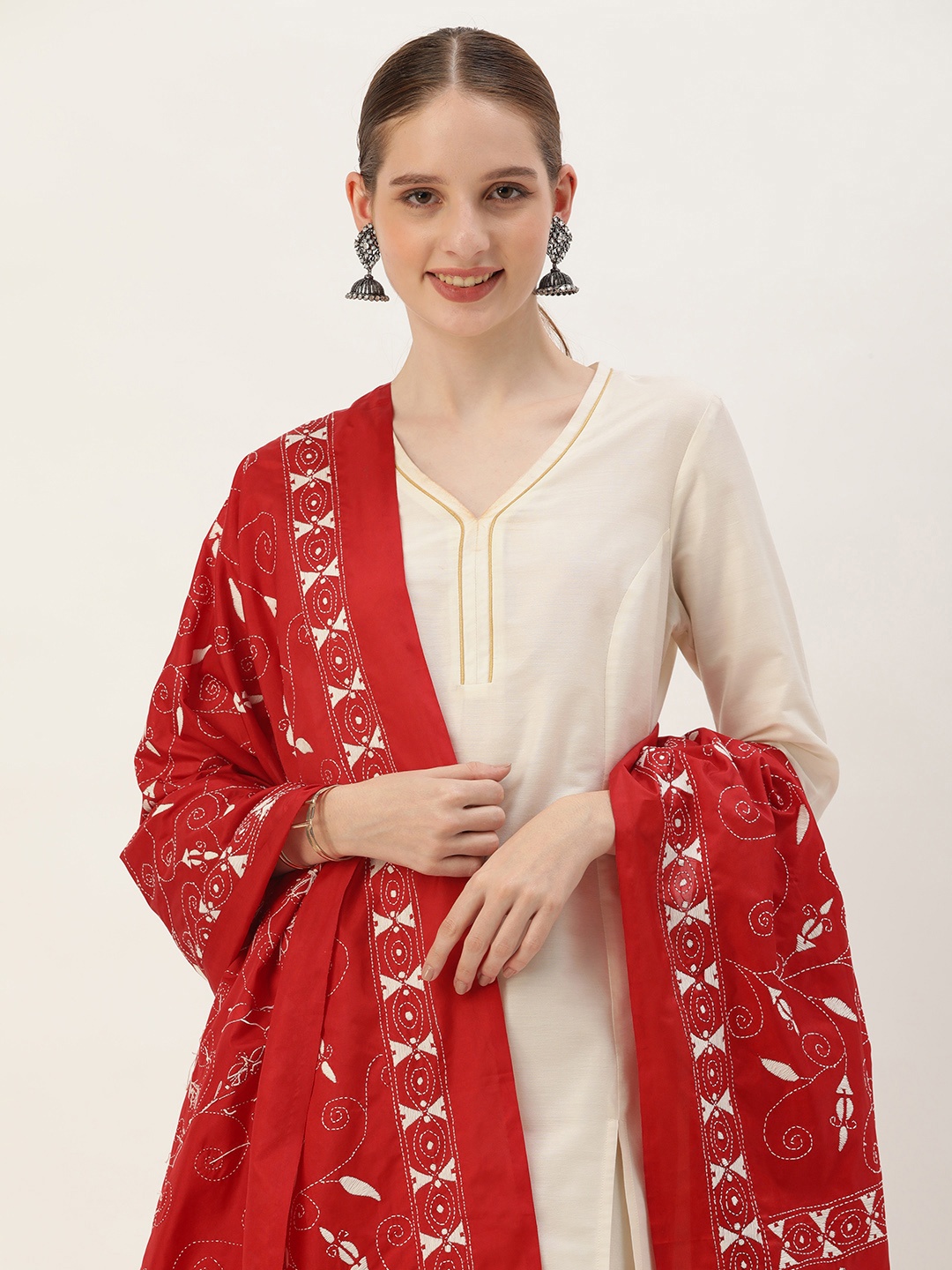 ArtEastri Ethnic Motifs Embroidered Pure Silk Dupatta with Kantha Work, Red