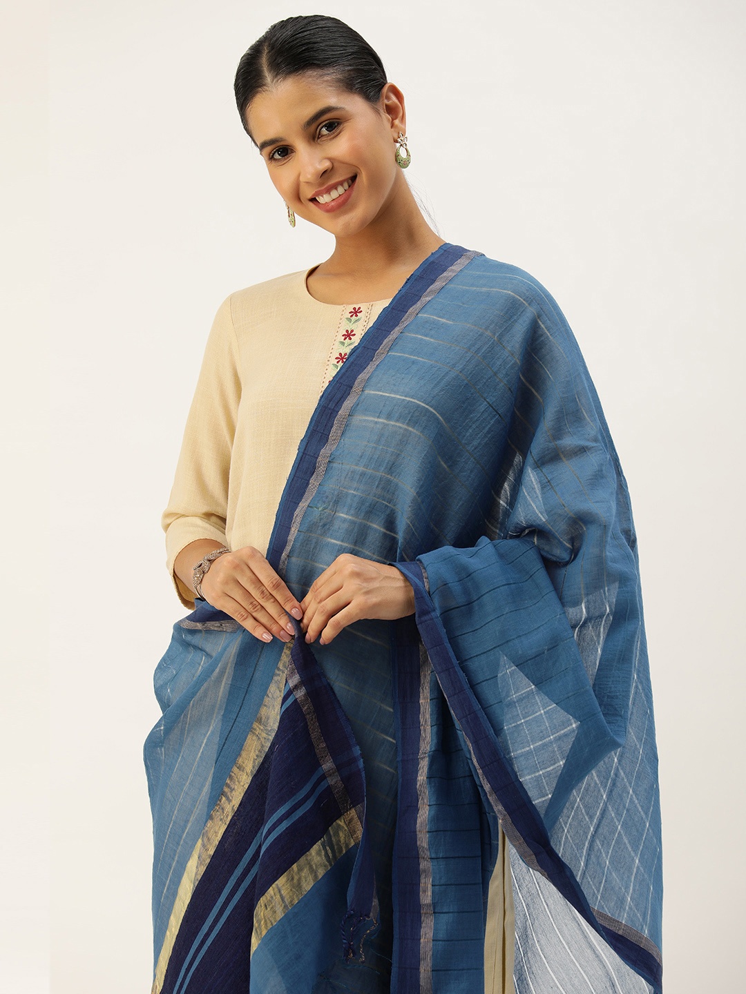 

ArtEastri Striped Cotton Silk Dupatta with Zari, Blue