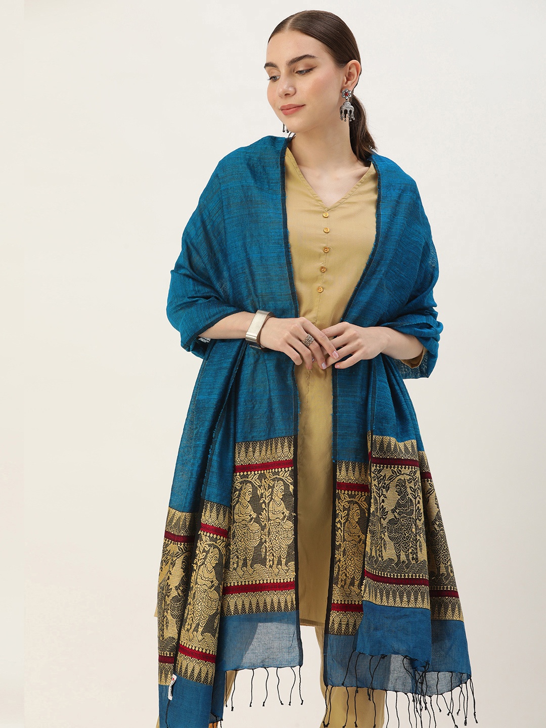 

ArtEastri Ethnic Motifs Woven Design Cotton Silk Baluchari Dupatta, Blue