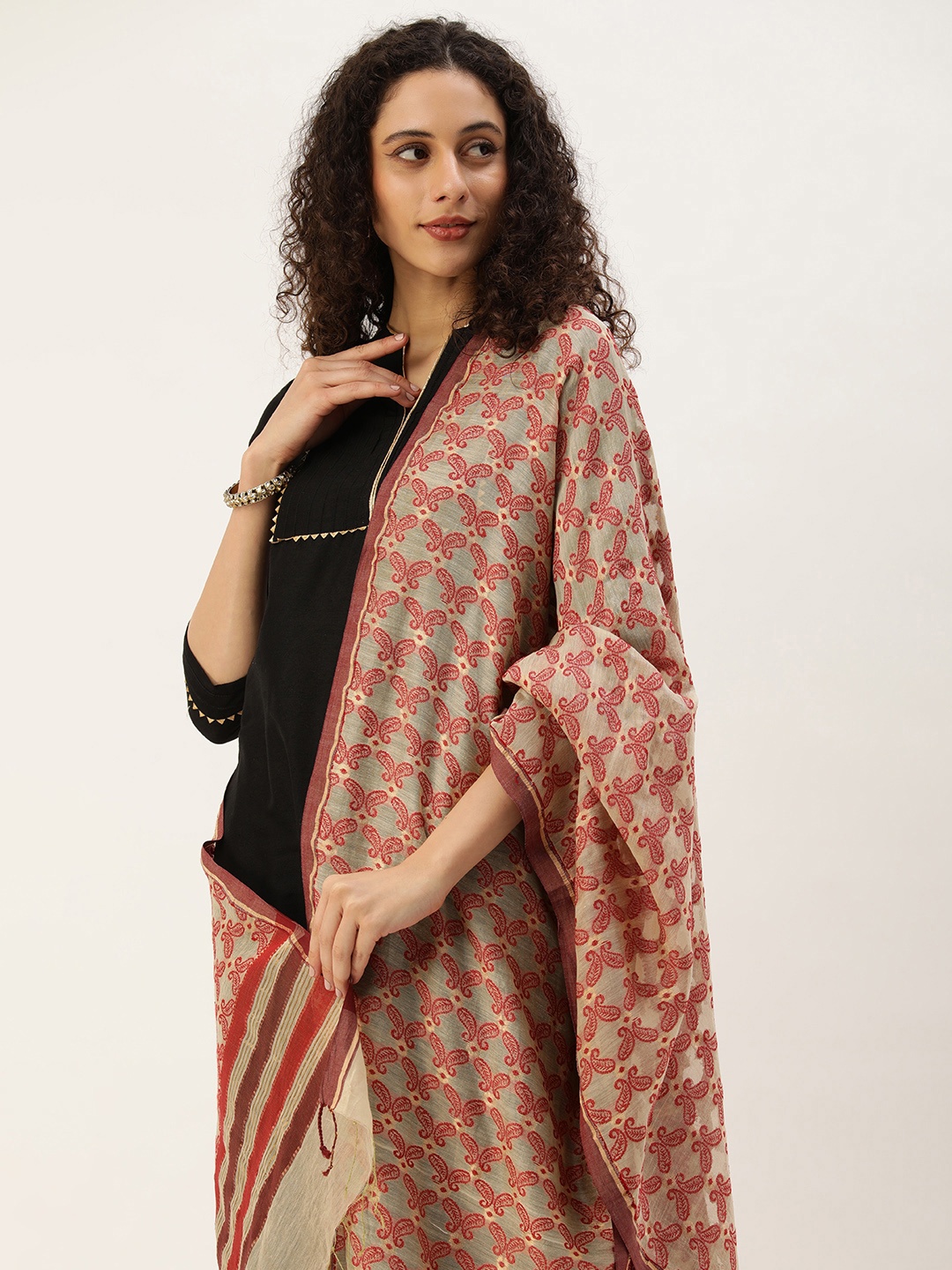 

ArtEastri Paisley Printed Cotton Silk Dupatta, Beige