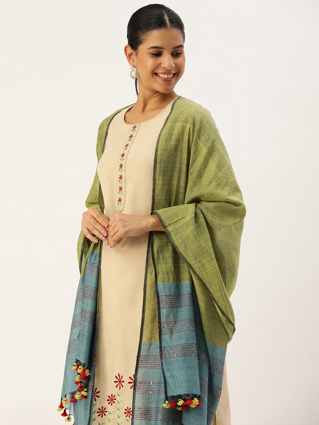 

ArtEastri Solid Sequinned Cotton Dupatta, Olive