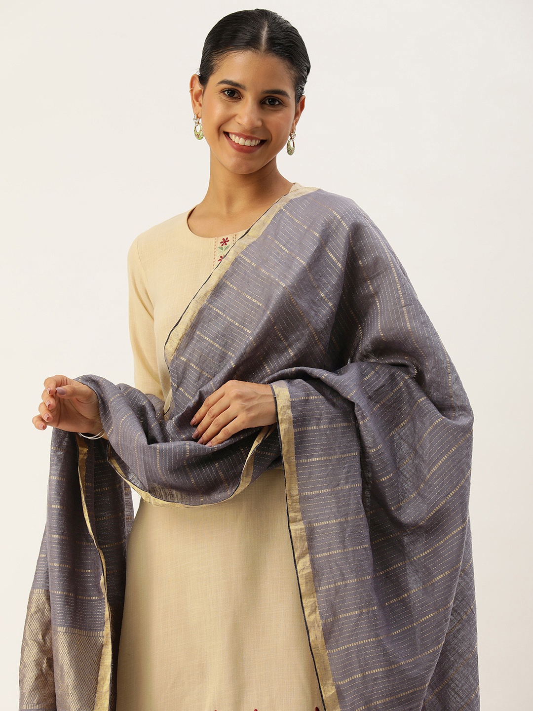 

ArtEastri Embroidered Cotton Silk Dupatta with Zari, Grey