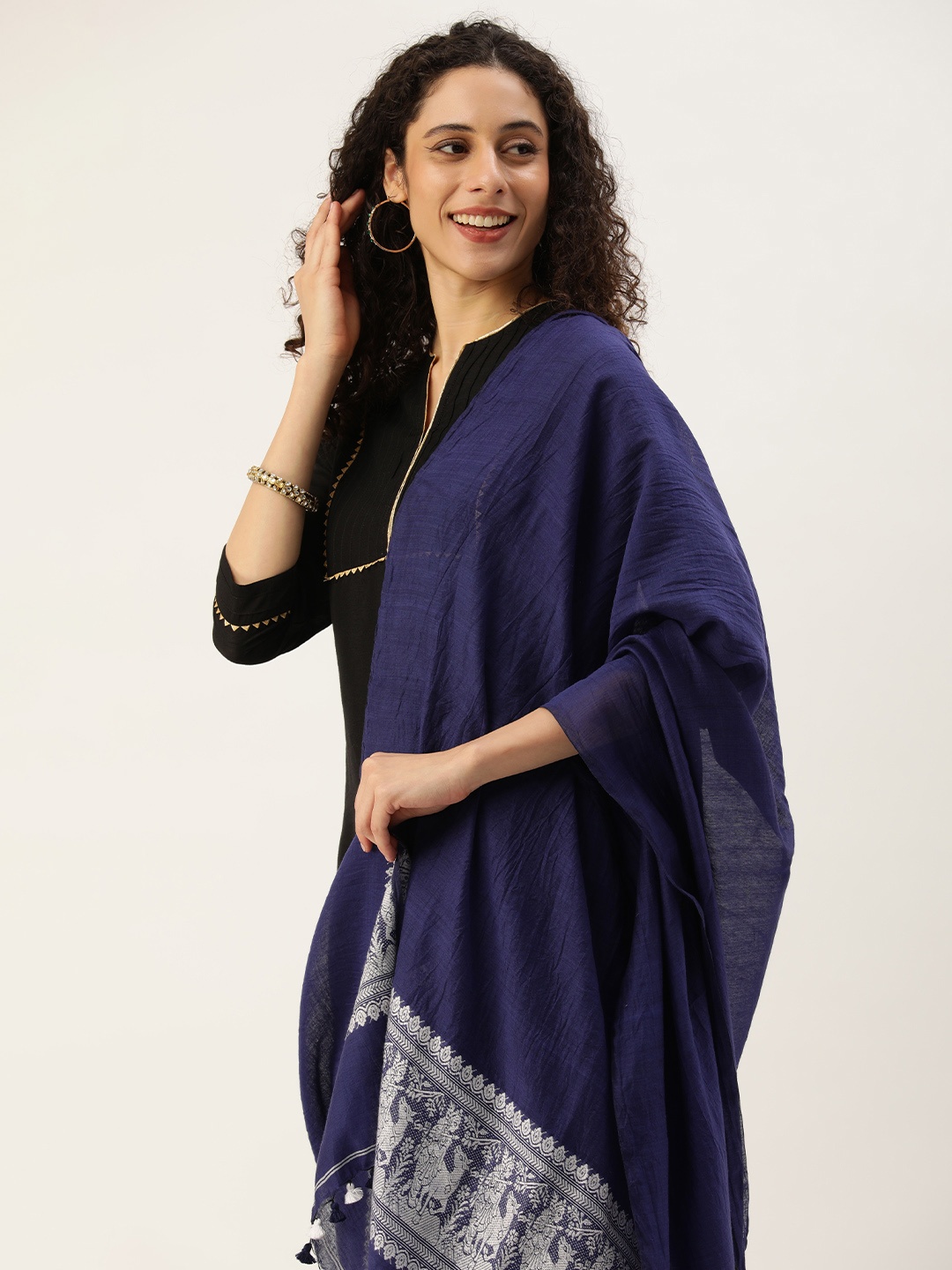 

ArtEastri Ethnic Motifs Woven Design Cotton Silk Baluchari Dupatta, Navy blue