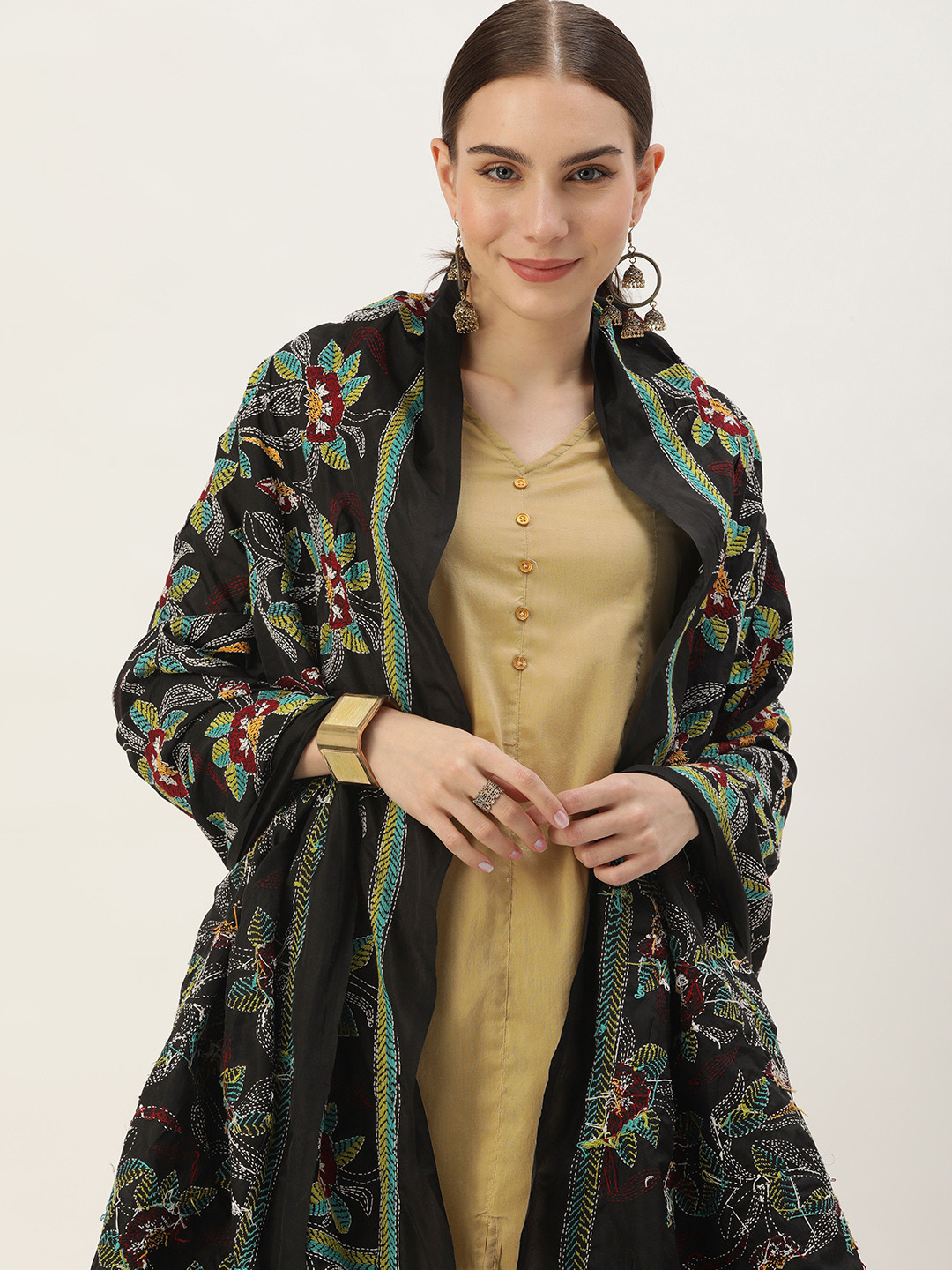 

ArtEastri Floral Embroidered Dupatta, Black