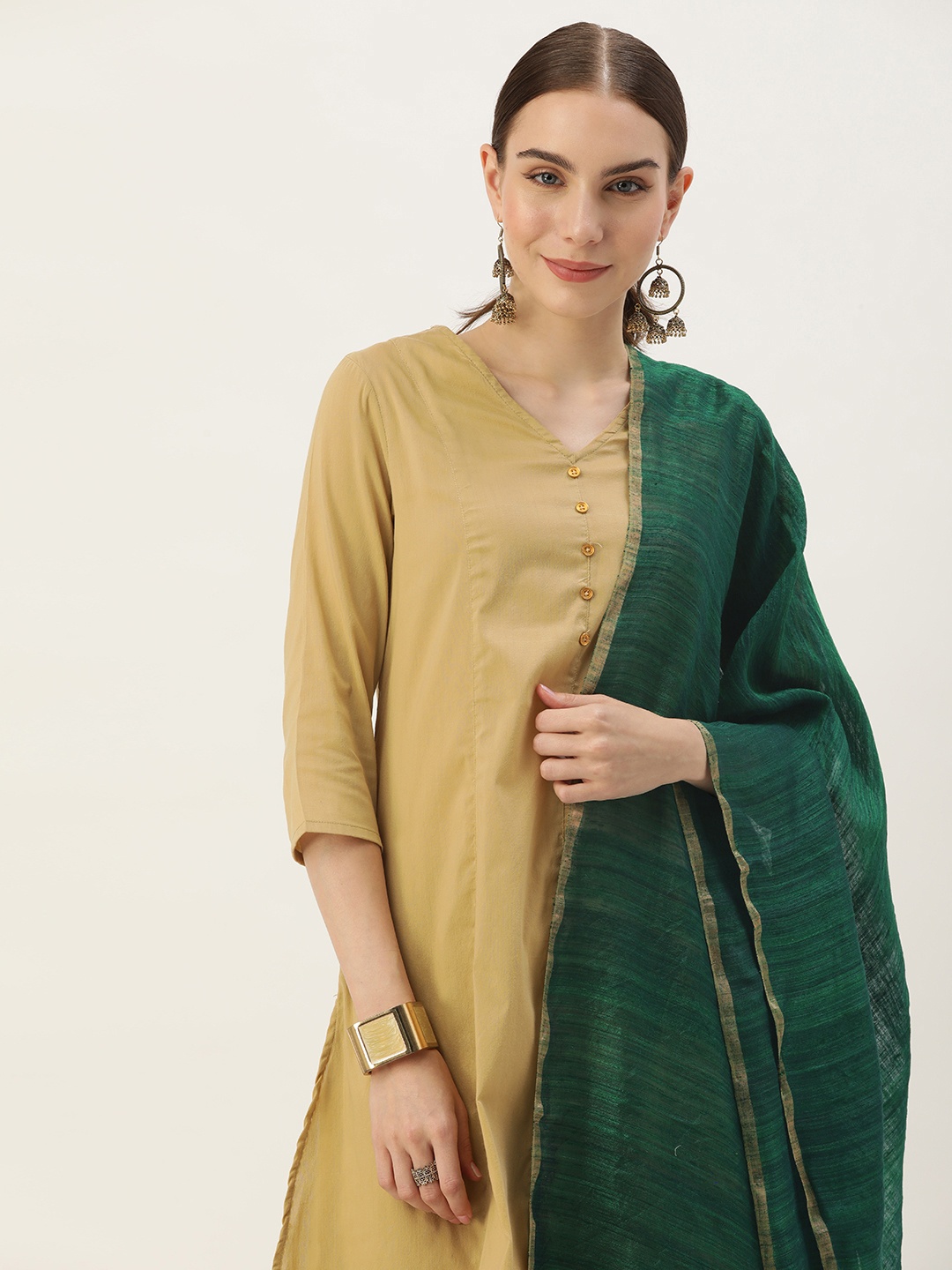 

ArtEastri Solid Matka Silk Zari Dupatta, Green