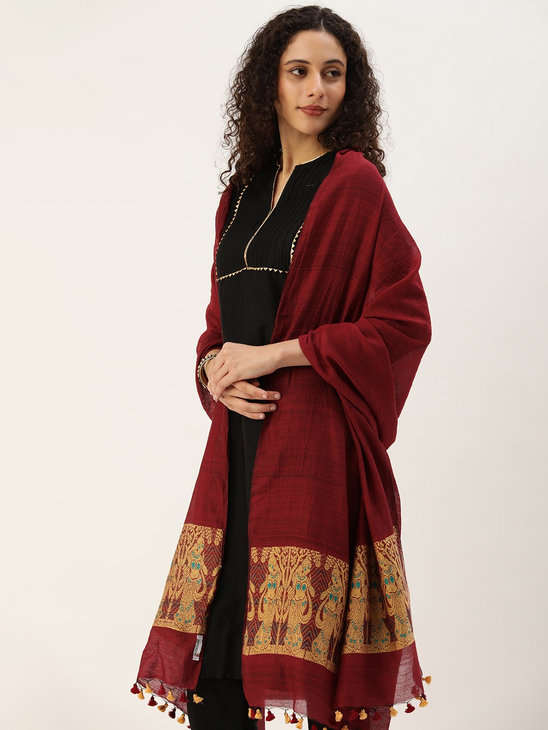 

ArtEastri Ethnic Motifs Woven Design Cotton Silk Baluchari Dupatta, Maroon