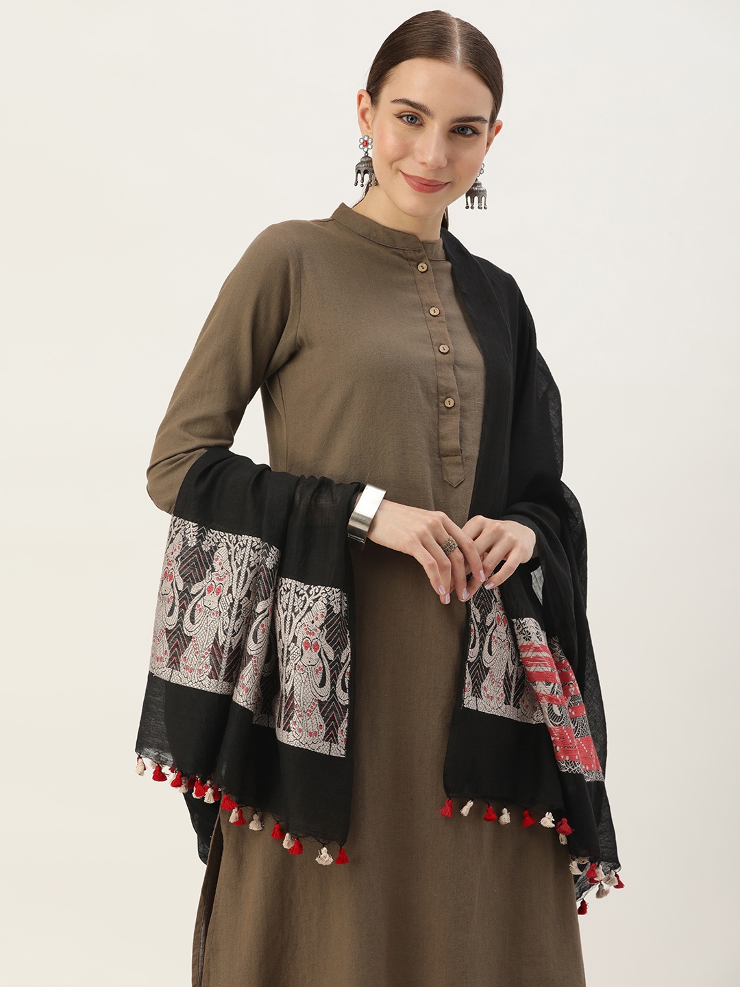 

ArtEastri Ethnic Motifs Embroidered Baluchari Dupatta, Black