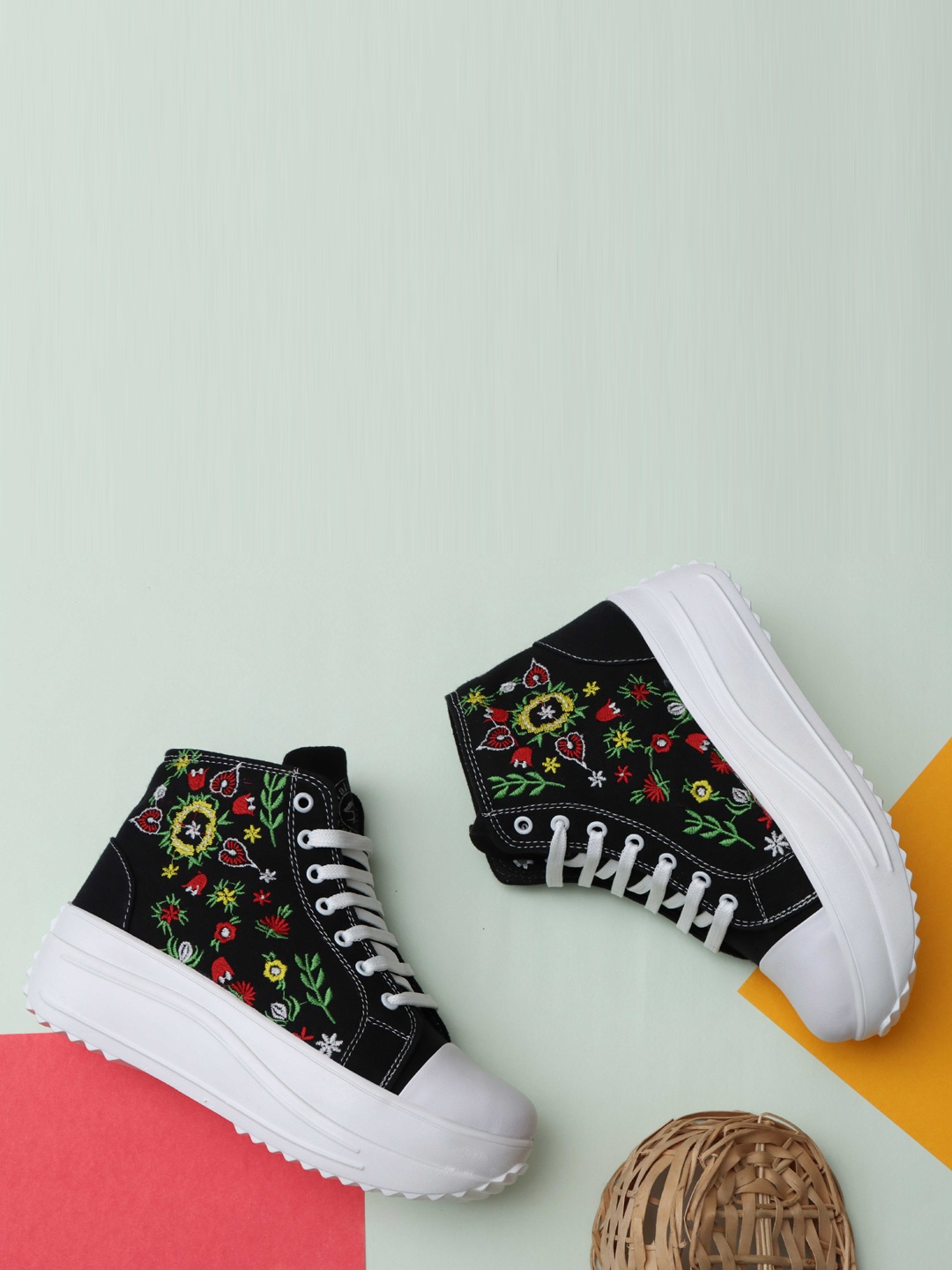 

Valin Fox Women Floral Embroidered Mid Top Lightweight Comfort Insole Sneakers, Black