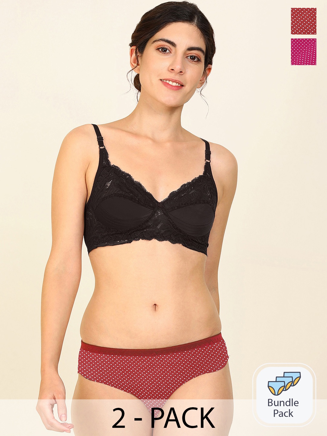 

PIBU Pack Of 2 Self Design Comfortable Cotton Lingerie Set, Black
