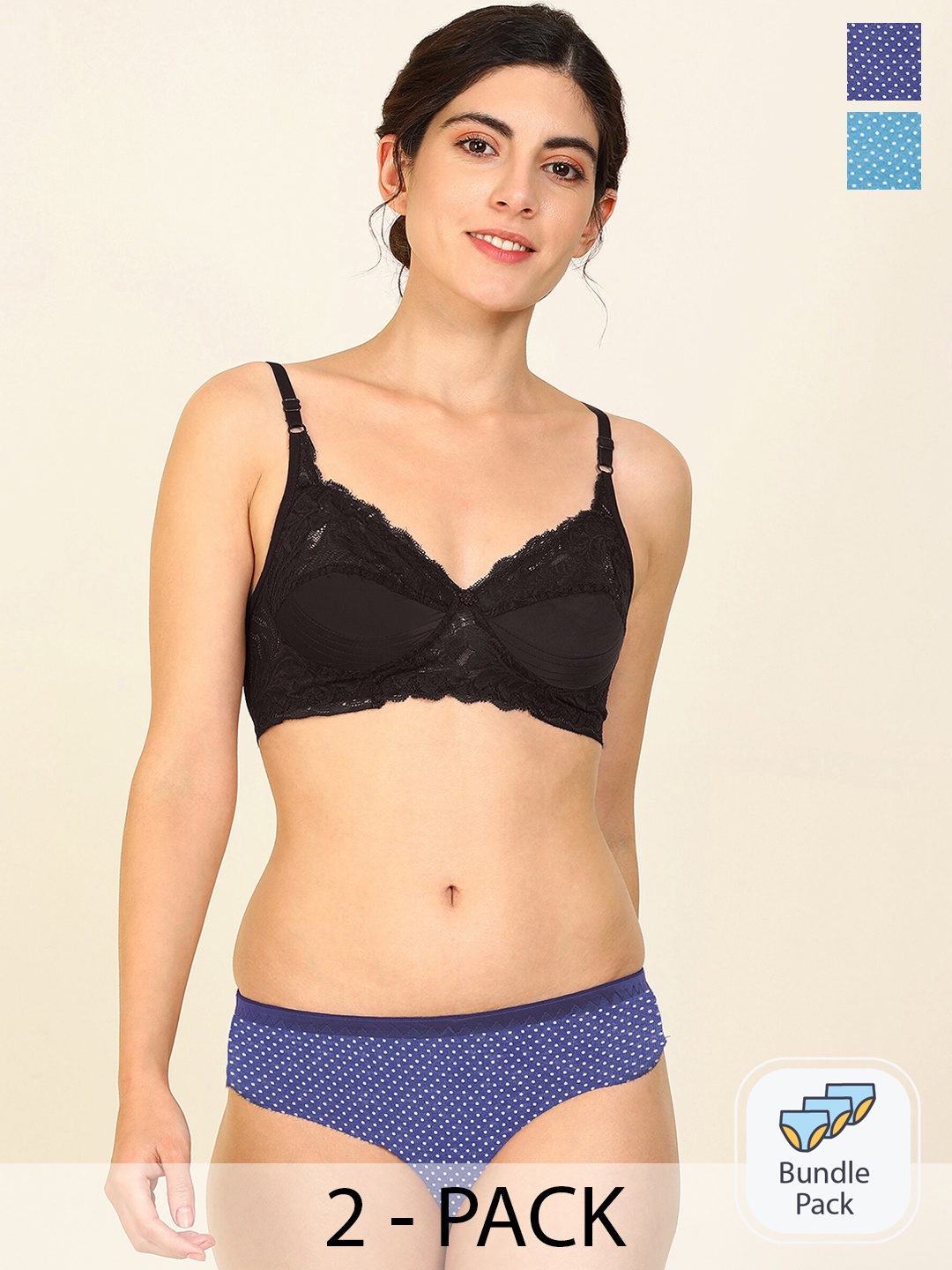 PIBU Pack Of 2 Self Design Comfortable Cotton Lingerie Set, Black