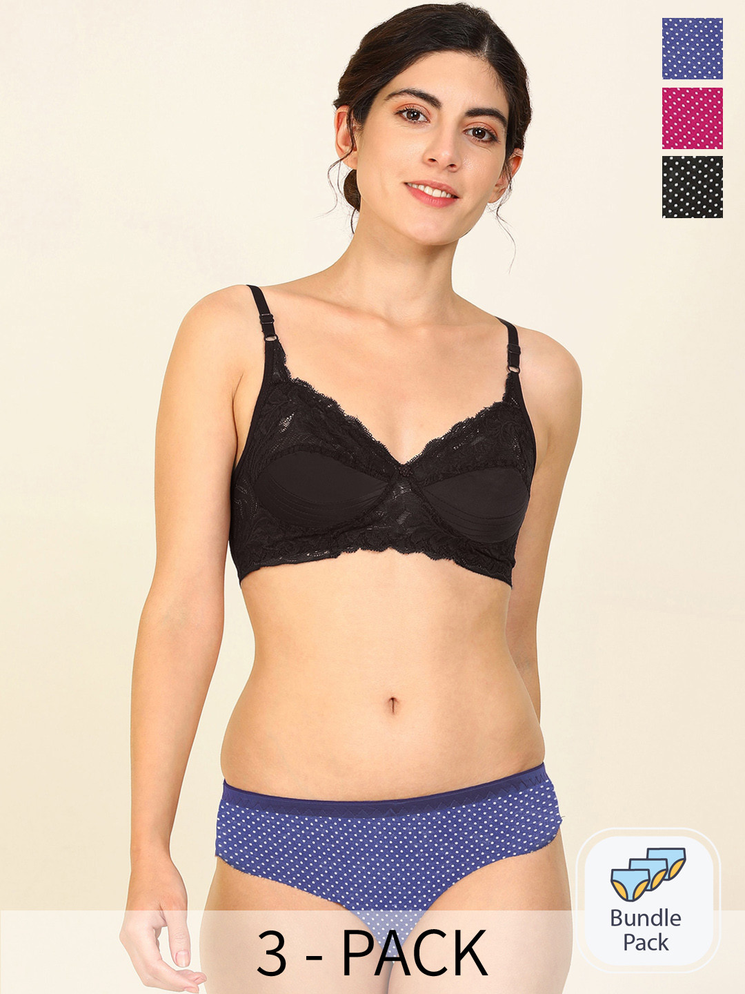 

PIBU Pack Of 3 Self Design Comfortable Cotton Lingerie Set, Black