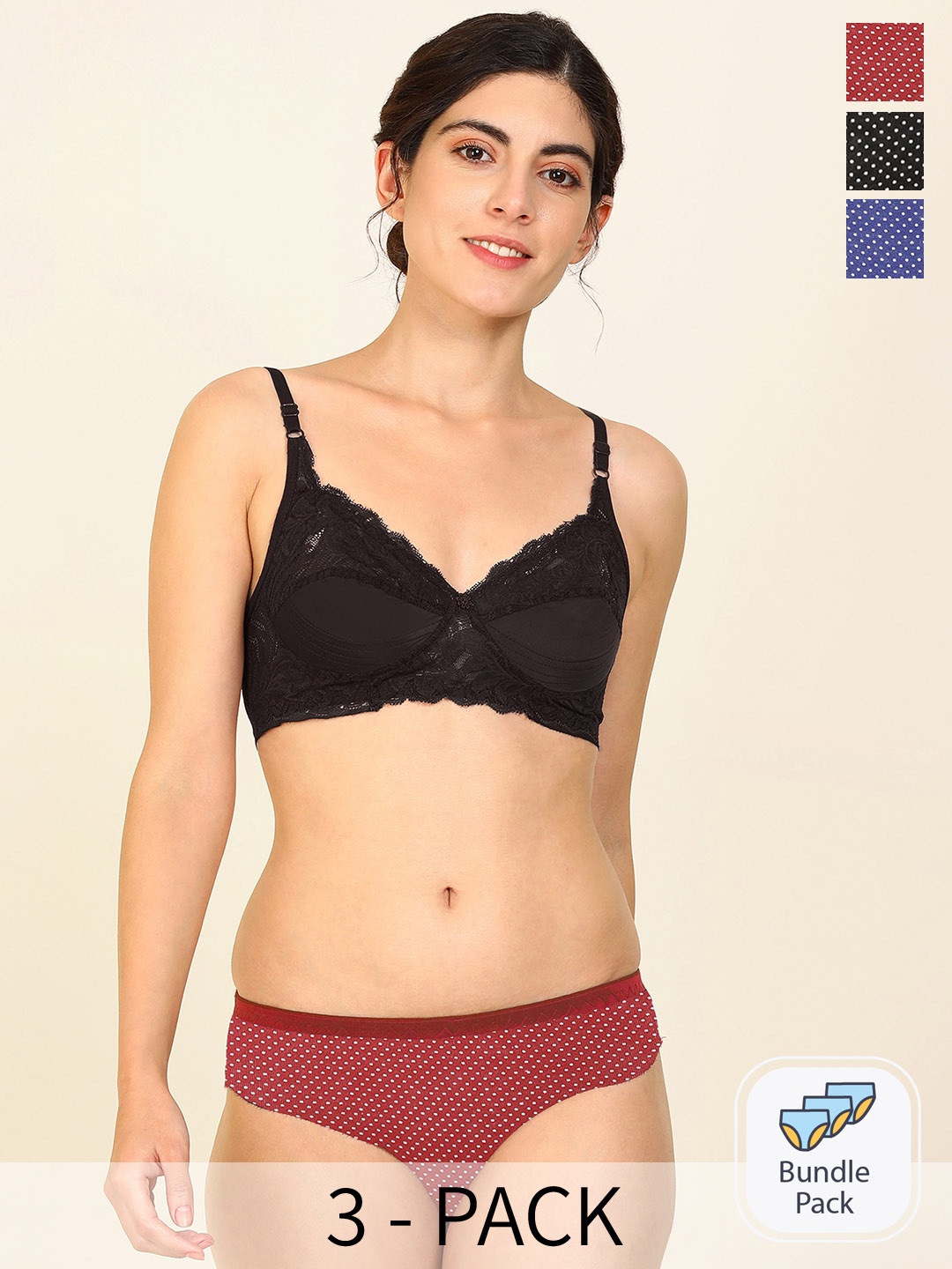 

PIBU Pack Of 3 Non Padded Cotton Lingerie Set F_Stiz Set_Blue,Red,Black_30