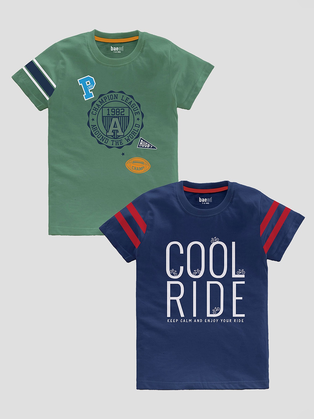 

BAESD Boys Pack Of 2 Typography Printed Pure Cotton T-Shirt, Green
