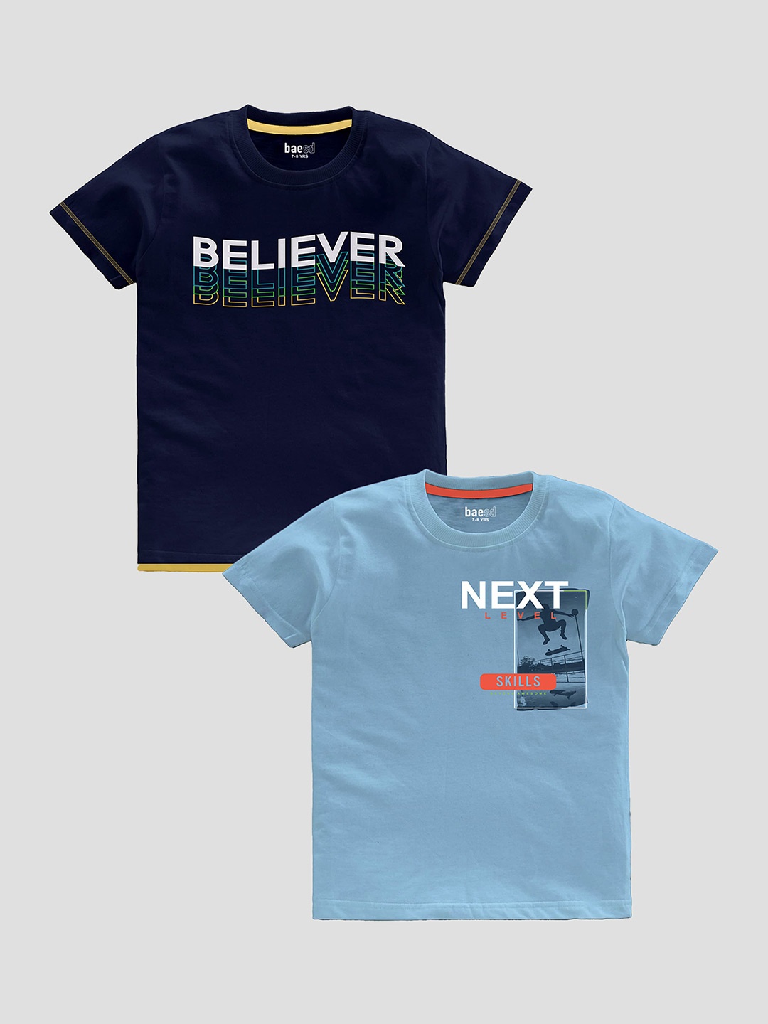 

BAESD Boys Pack Of 2 Typography Printed Pure Cotton T-shirt, Navy blue