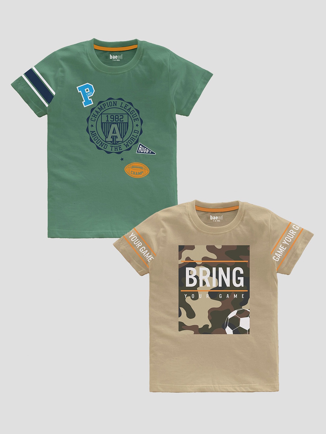 

BAESD Boys Pack Of 2 Typography Printed Cotton T-shirt, Olive