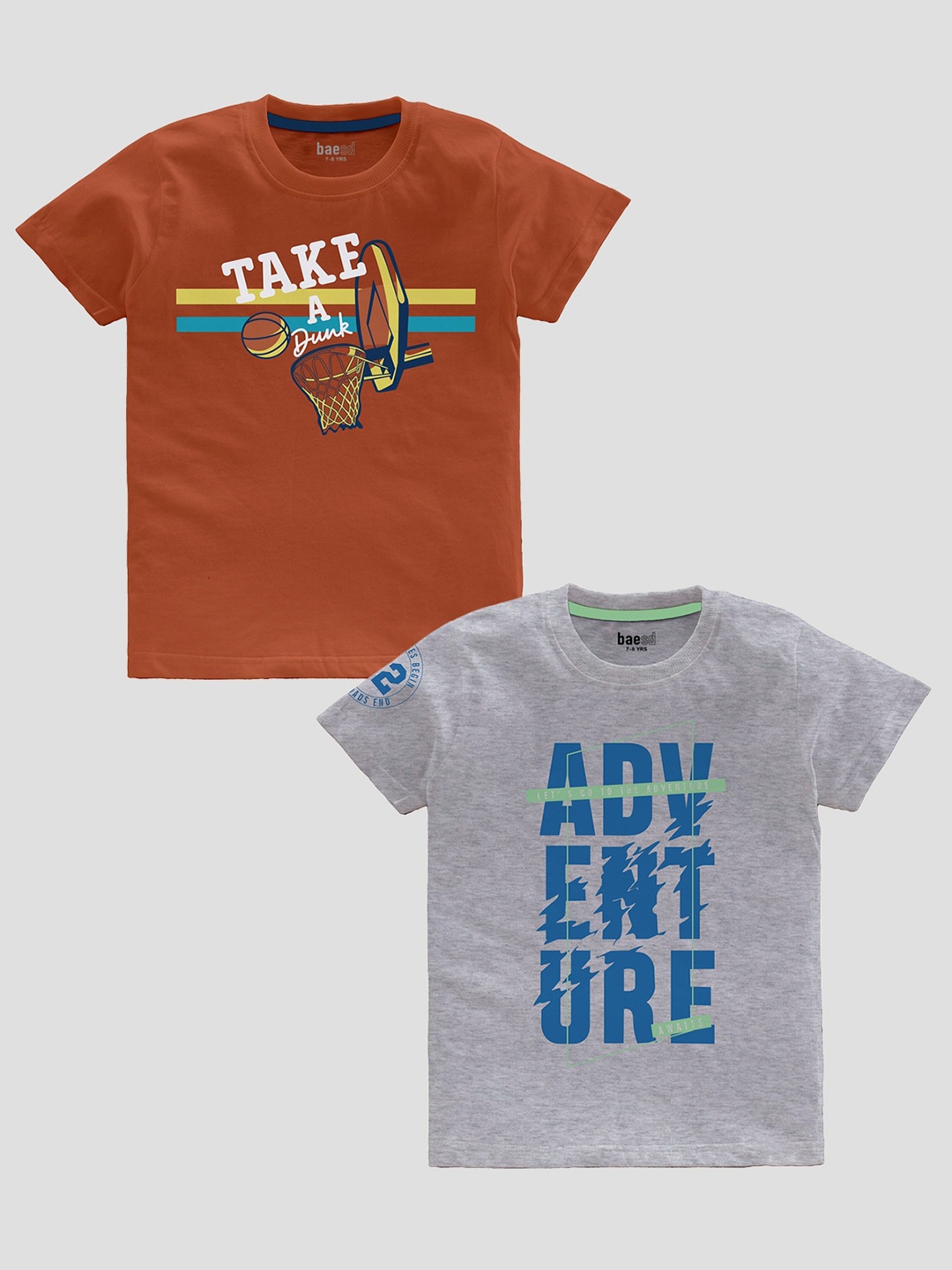 BAESD Boys Pack Of 2 Typography Printed Cotton T-shirt, Brown