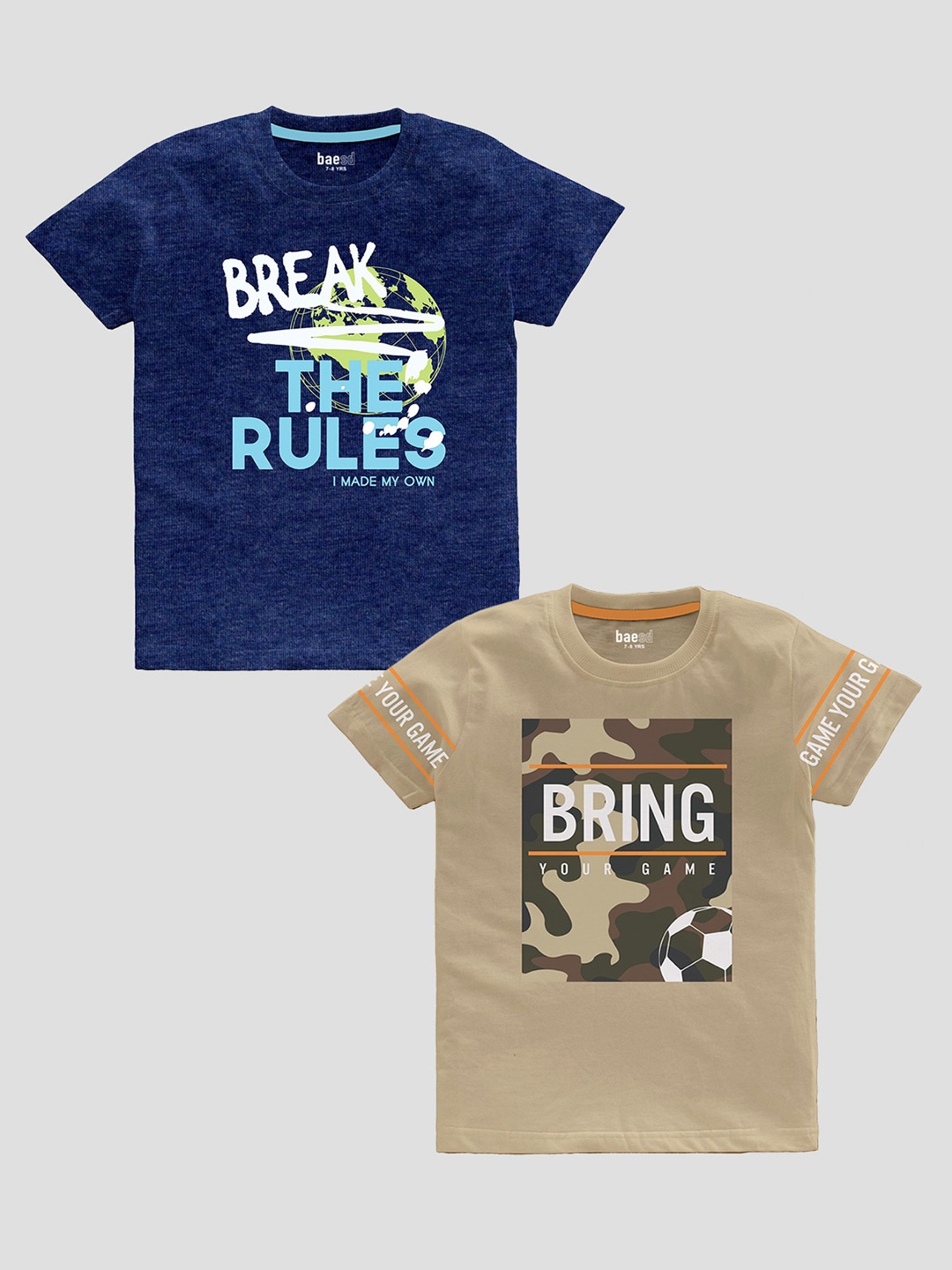 

BAESD Boys Pack Of 2 Typography Printed Cotton T-shirt, Blue