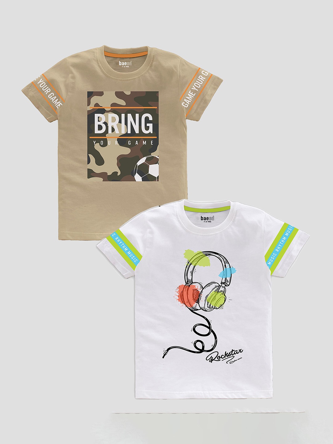 

BAESD Boys Pack Of 2 Printed Short Sleeves Pure Cotton T-shirt, Beige