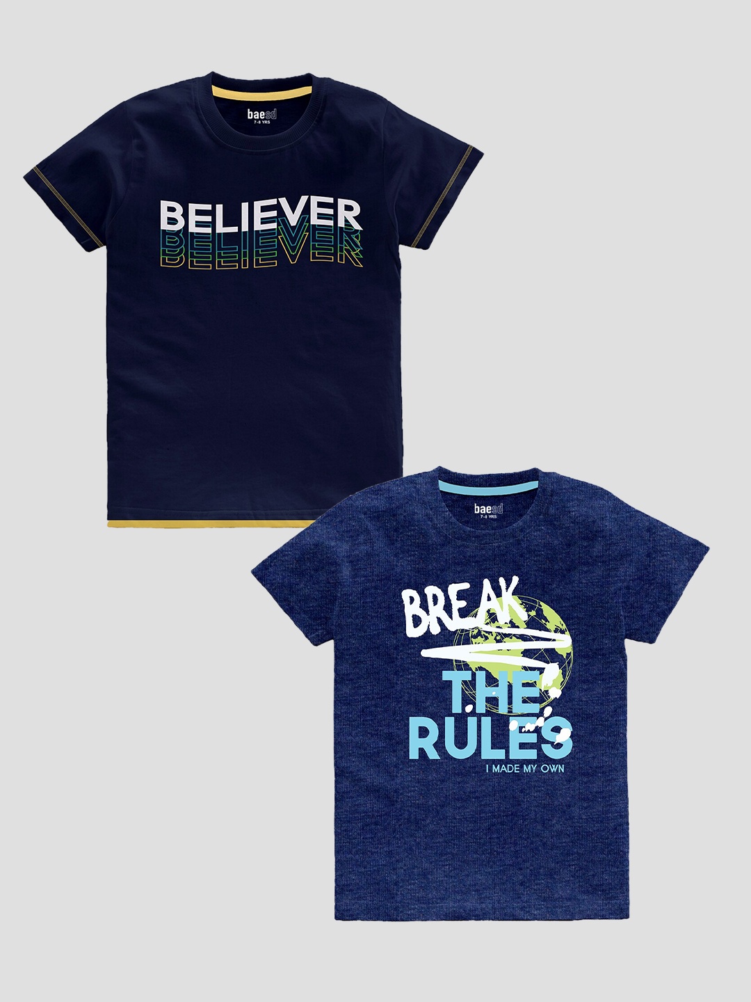 

BAESD Boys Pack Of 2 Typography Printed Round Neck Pure Cotton T-shirt, Navy blue