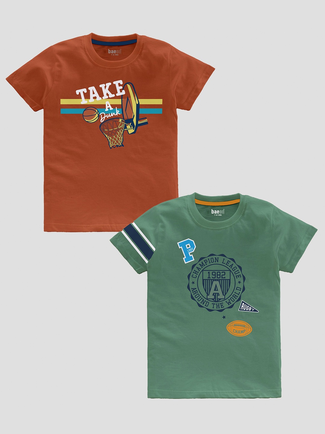 

BAESD Boys Pack Of 2 Typography Printed Pure Cotton T-shirt, Rust