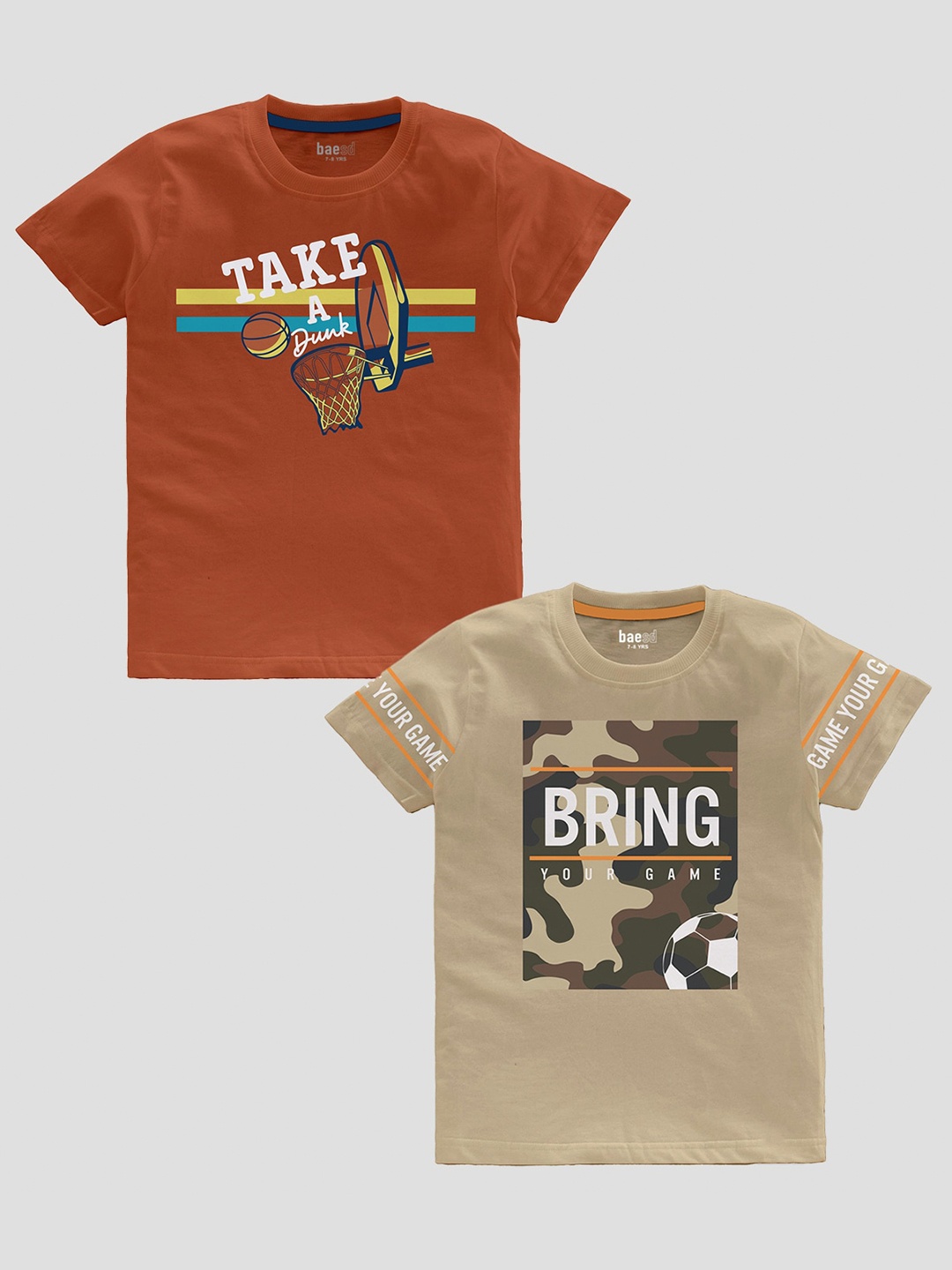 

BAESD Boys Pack Of 2 Typography Printed Pure Cotton T-shirt, Brown