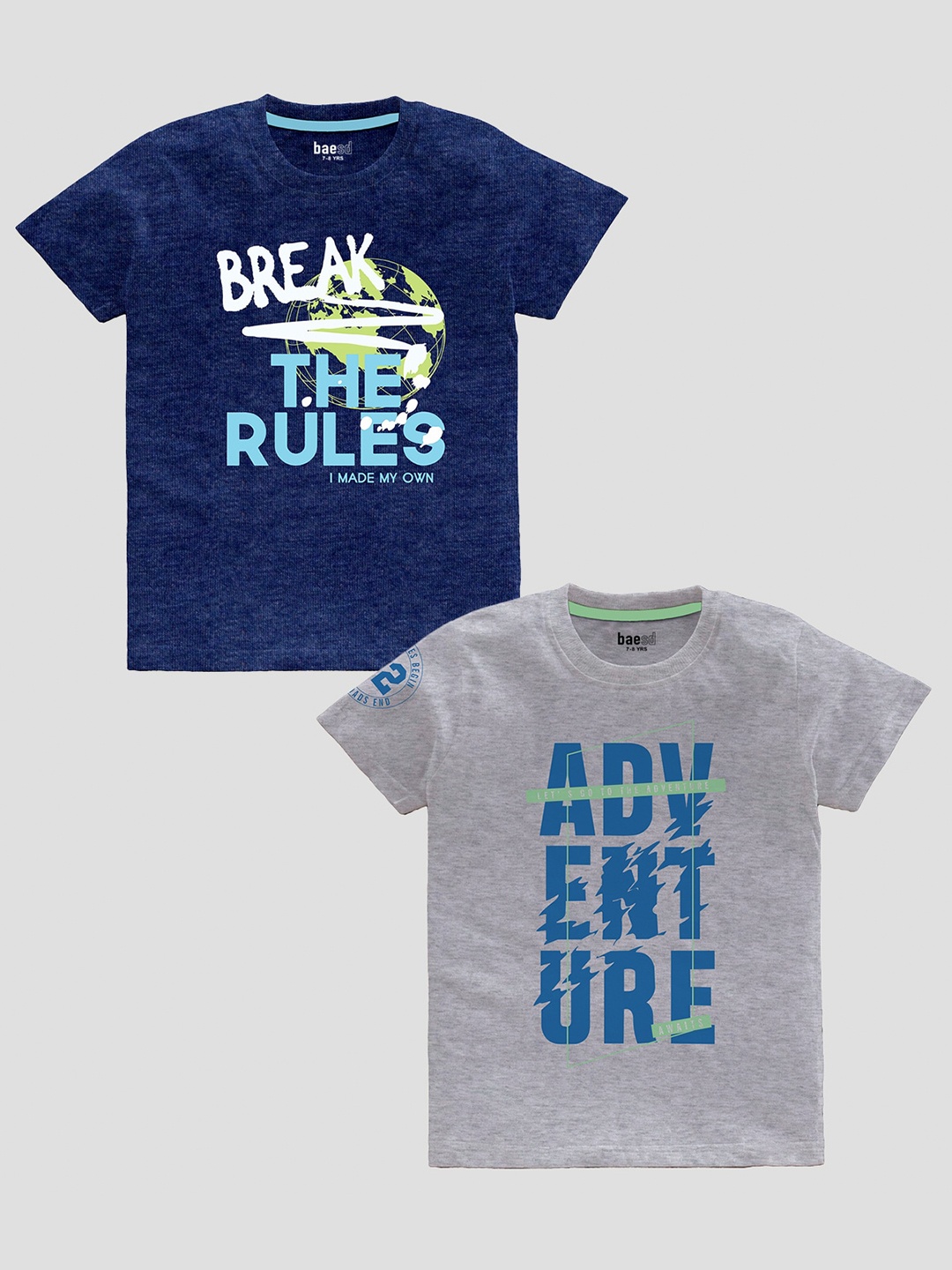 BAESD Boys Pack Of 2 Typography Printed Pure Cotton T-shirts, Blue