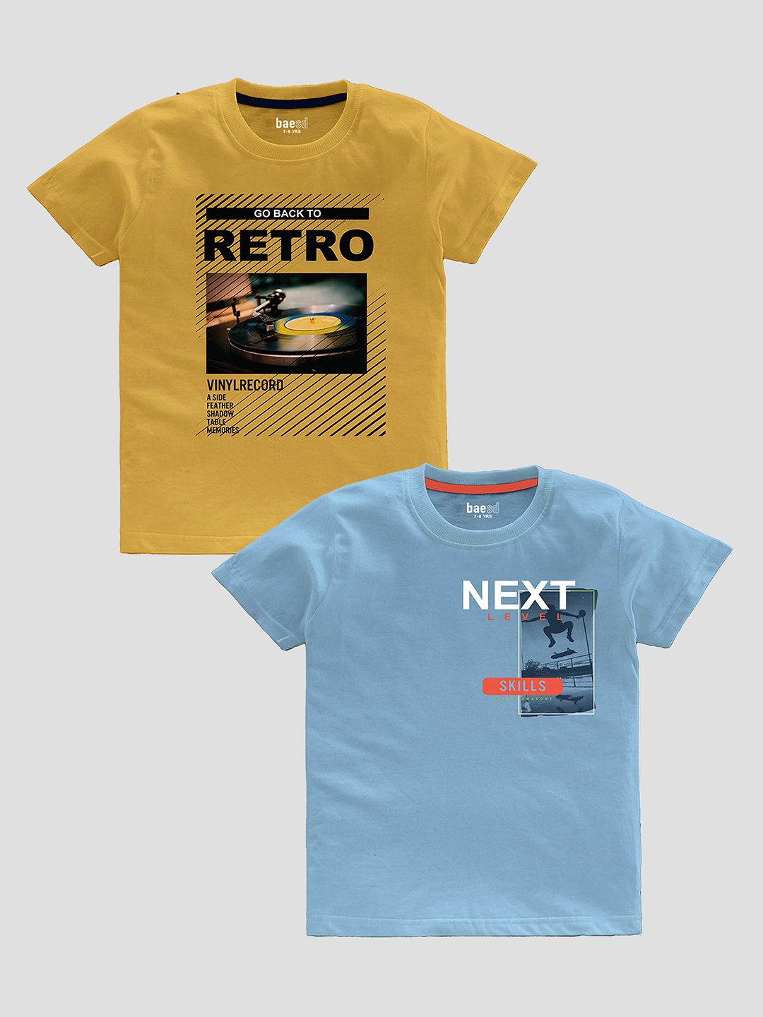 BAESD Boys Pack Of 2 Typography Printed Pure Cotton T-shirts, Yellow