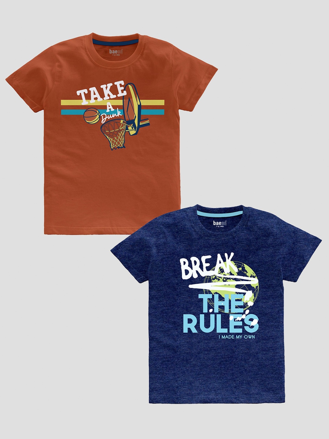 

BAESD Boys Pack Of 2 Typography Printed Pure Cotton T-shirt, Brown