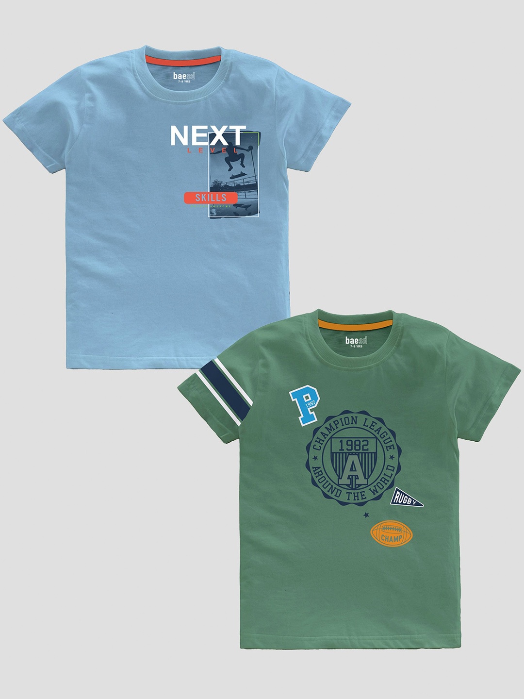 BAESD Boys Pack Of 2 Typography Printed Pure Cotton T-shirt, Blue