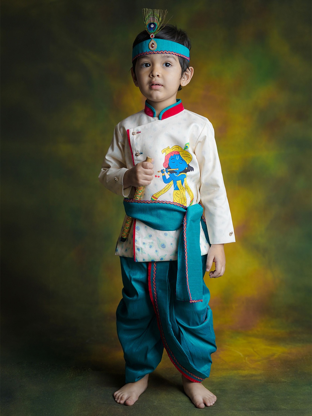 

Baby Moo Kids Little Krishna Printed Mandarin Collar Clothing Set, Blue