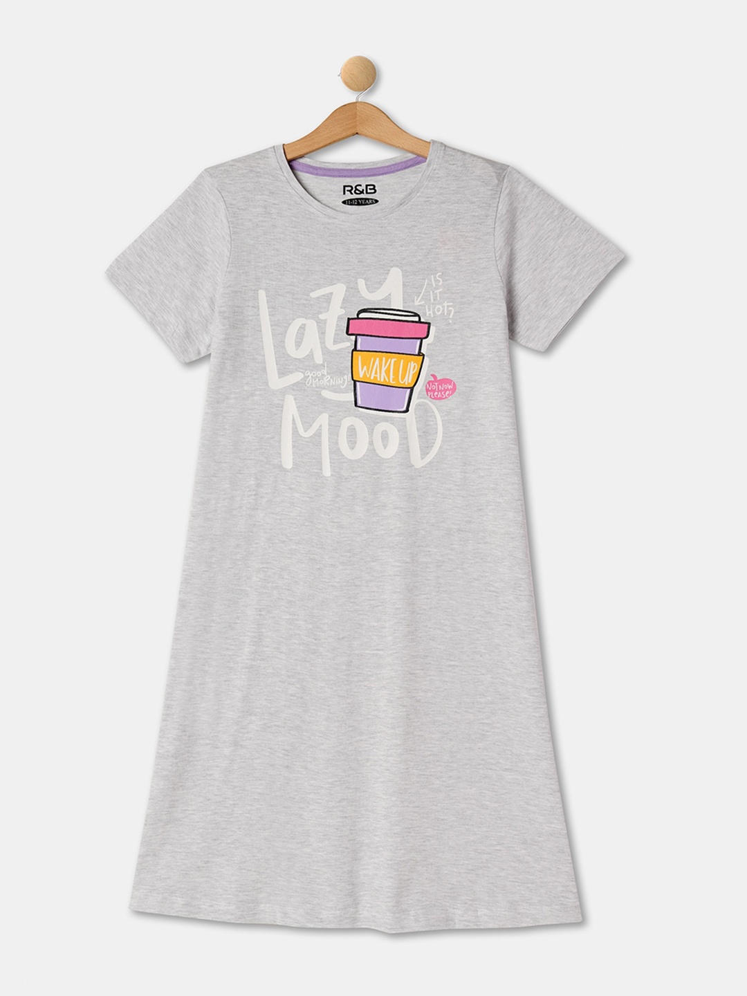 

R&B Girls Graphic Printed Pure Cotton T-shirt Nightdress, Grey