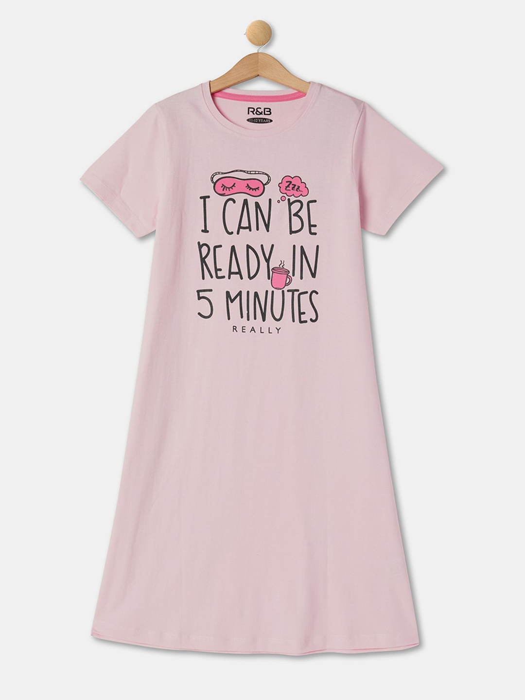 

R&B Girls Typography Printed Pure Cotton T-shirt Nightdress, Pink