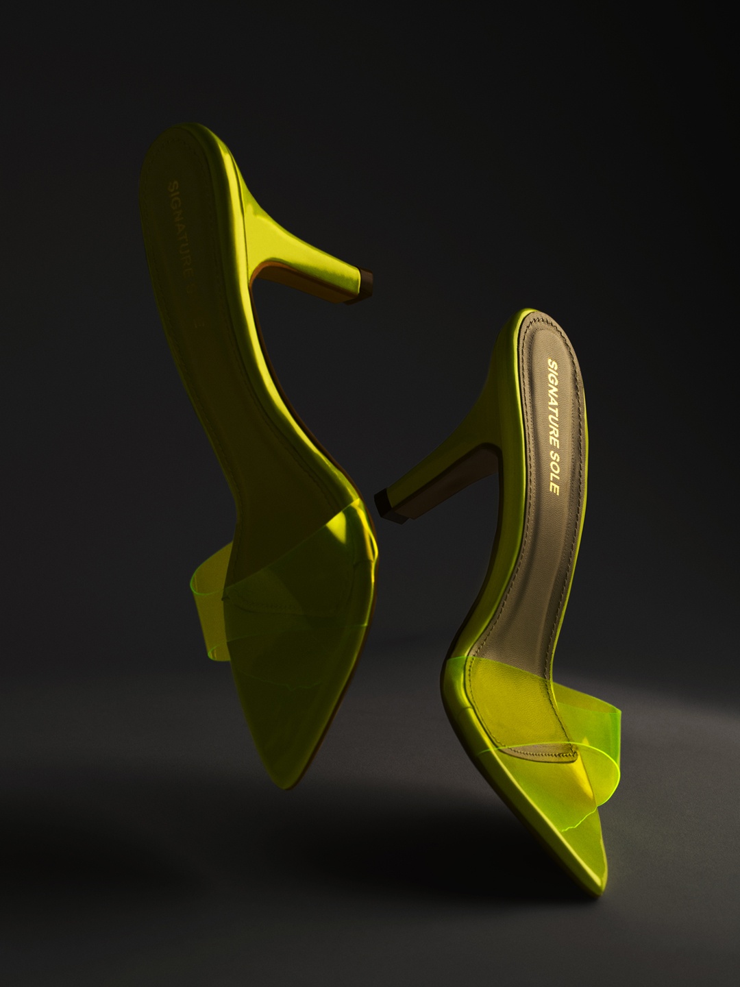 

Signature Sole Open Toe Slim Heels, Fluorescent green