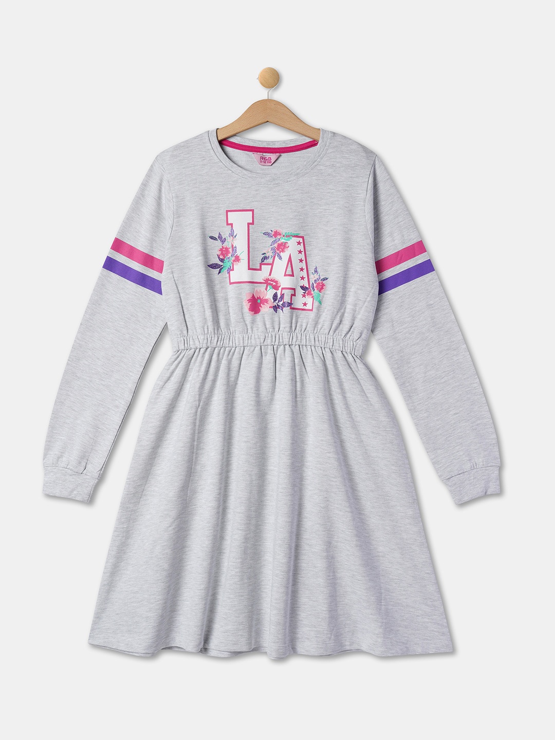 

R&B Typography Printed Cuffed Sleeves Pleated Cotton Fit & Flare Dress, Grey