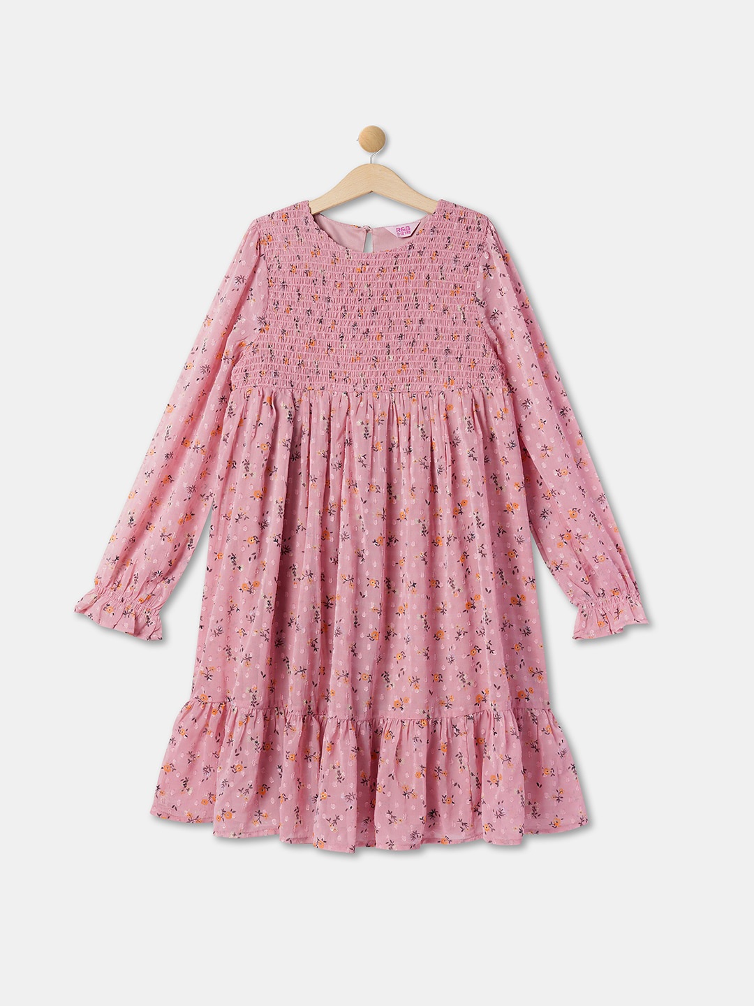 

R&B Girls Floral Printed Puff Sleeves Flounce Hem Smocked Cotton A-Line Dress, Pink