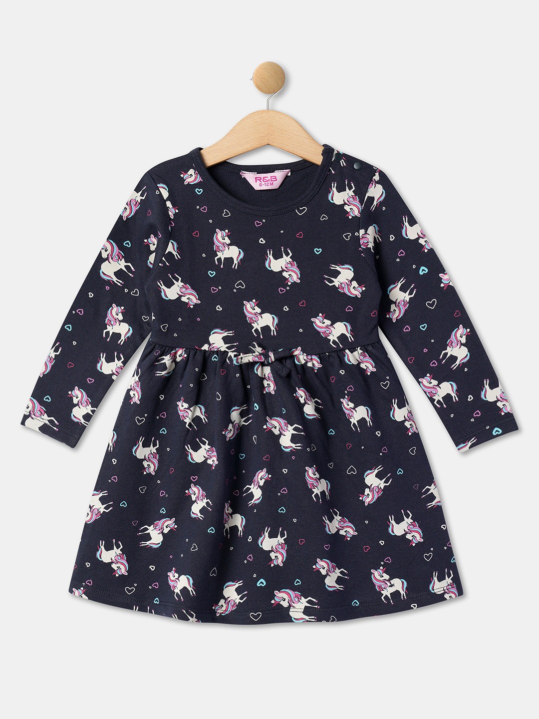 

R&B Girls Conversational Printed Pleated Cotton A-Line Dress, Blue