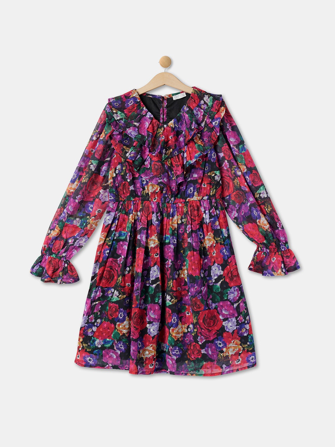 

R&B Girls Floral Printed V-Neck Bell Sleeve Fit & Flare Dress, Black