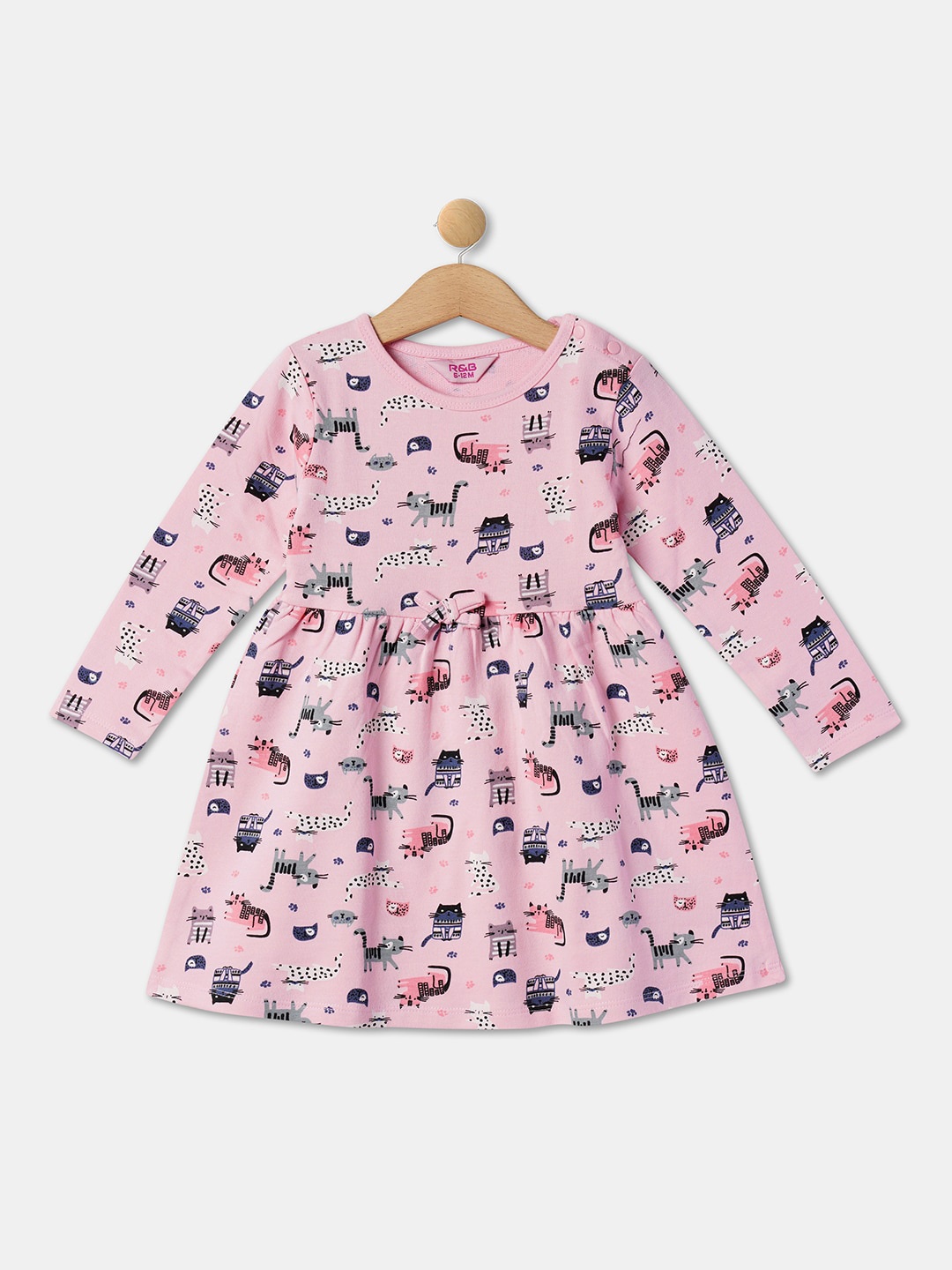 

R&B Girls Conversational Printed Pleated Cotton Fit & Flare Midi Dress, Pink