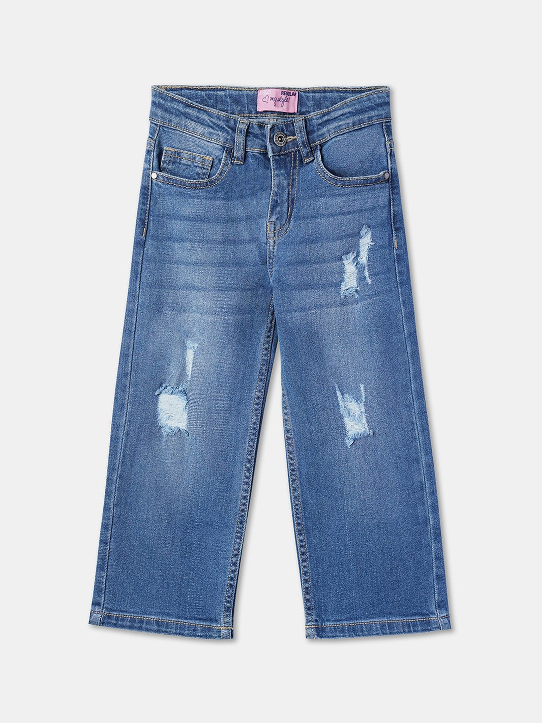 

R&B Girls Straight Fit Mildly Distressed Comfort Cotton Light Fade Jeans, Blue